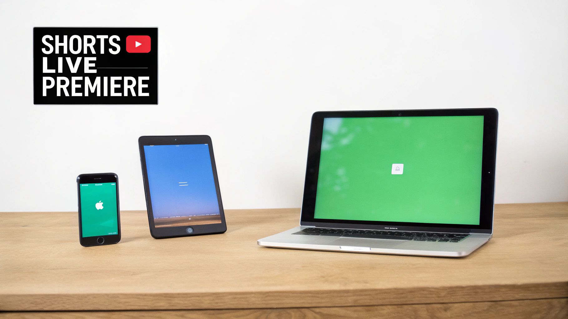 A 'Shorts Live Premiere' sign hangs above a smartphone, tablet, and laptop on a wooden table.