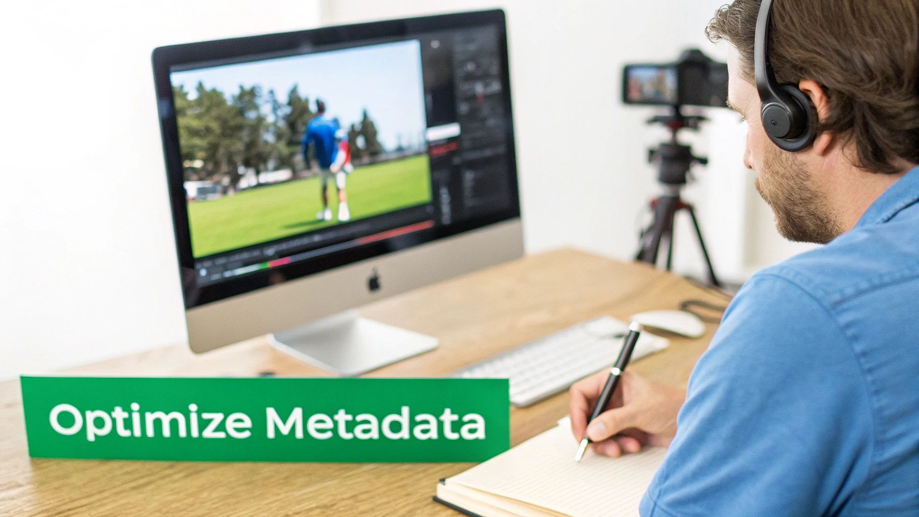 A YouTuber working on a laptop, optimizing their video metadata with title, description, and tags visible on the screen.