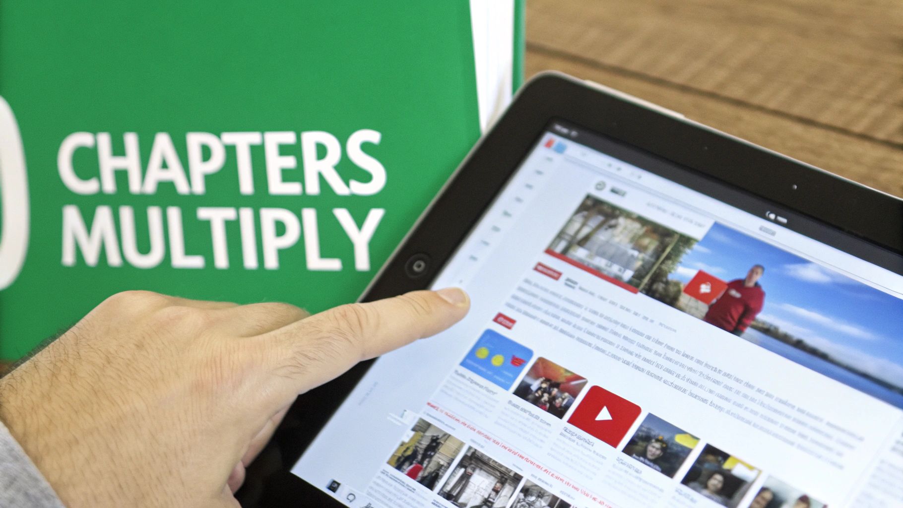 A person's hand interacts with a tablet displaying various YouTube videos and content, with a green book in the background.