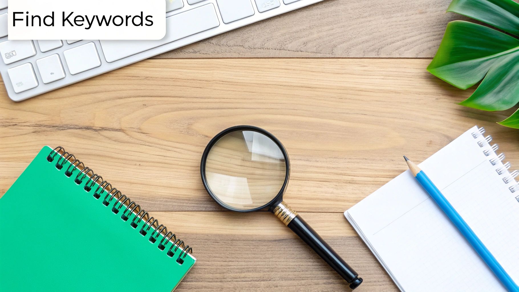 A flat lay of a wooden desk with a magnifying glass, keyboard, notebooks, and a text box 'Find Keywords'.