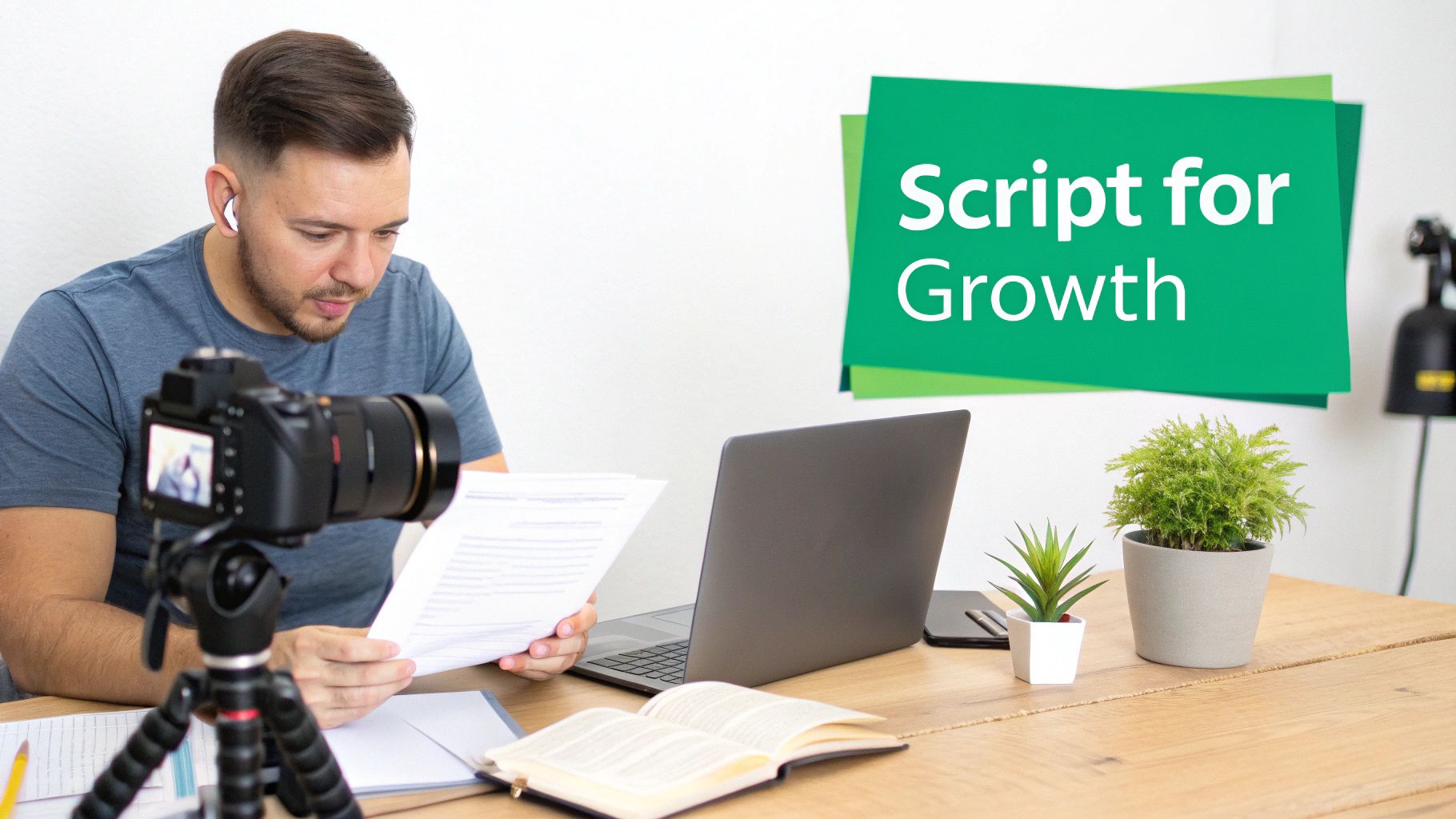 A man reads a script while recording a video on a camera, with a 'Script for Growth' sign.