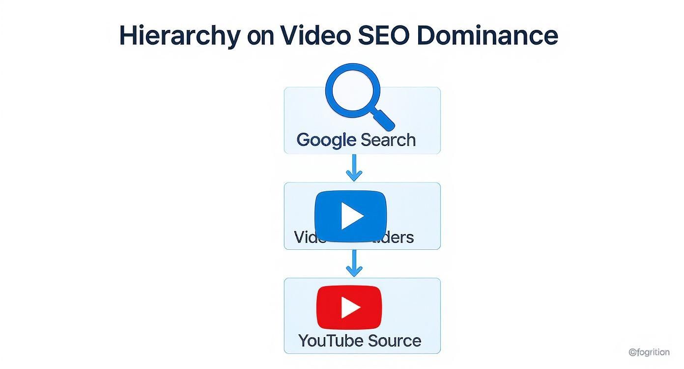 Infographic showing the hierarchy of video SEO, with Google Search at the top, leading to Video Results, which are primarily sourced from YouTube.
