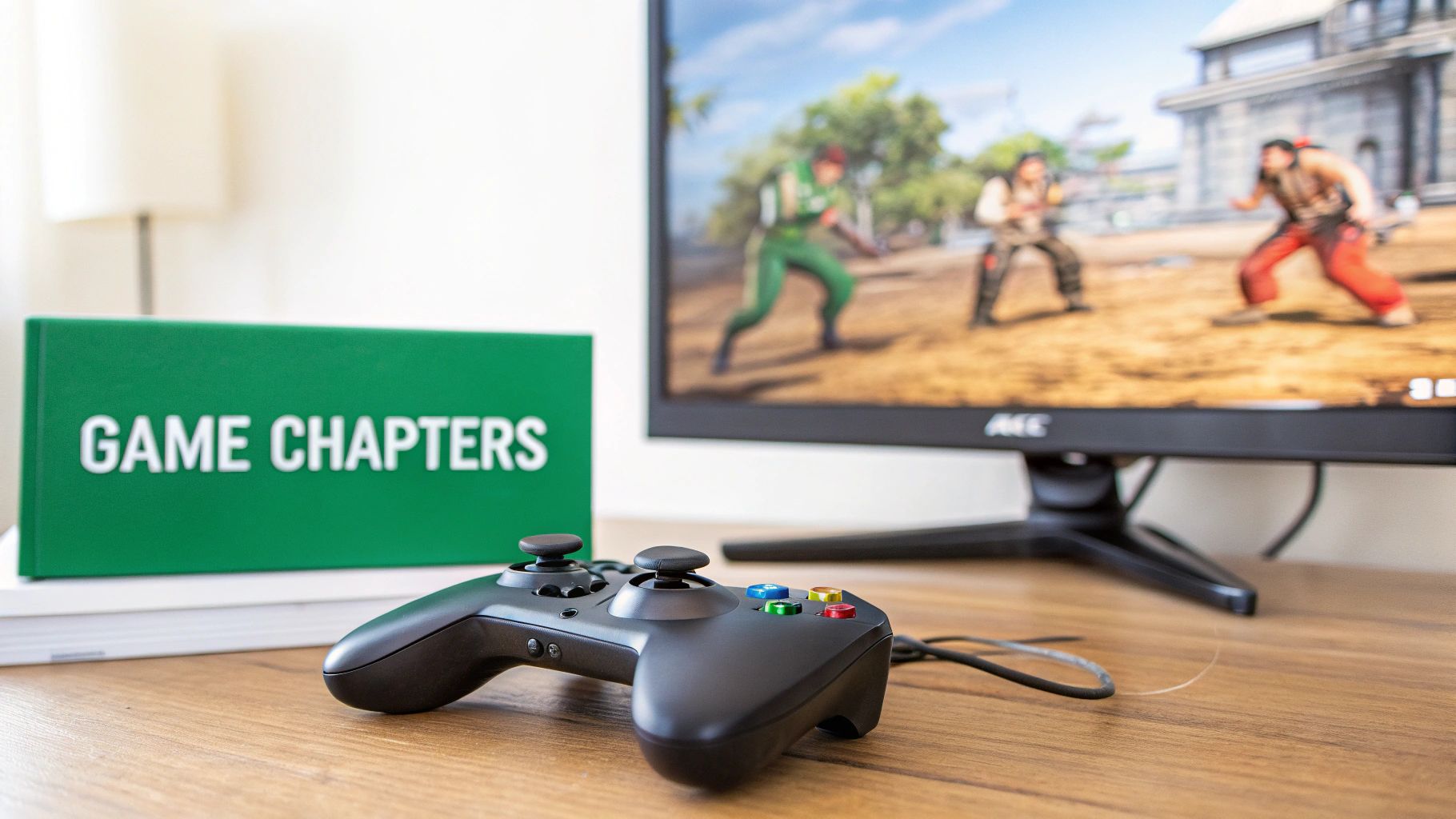 A black wired game controller on a wooden desk with a monitor showing a video game and a 'GAME CHAPTERS' sign.
