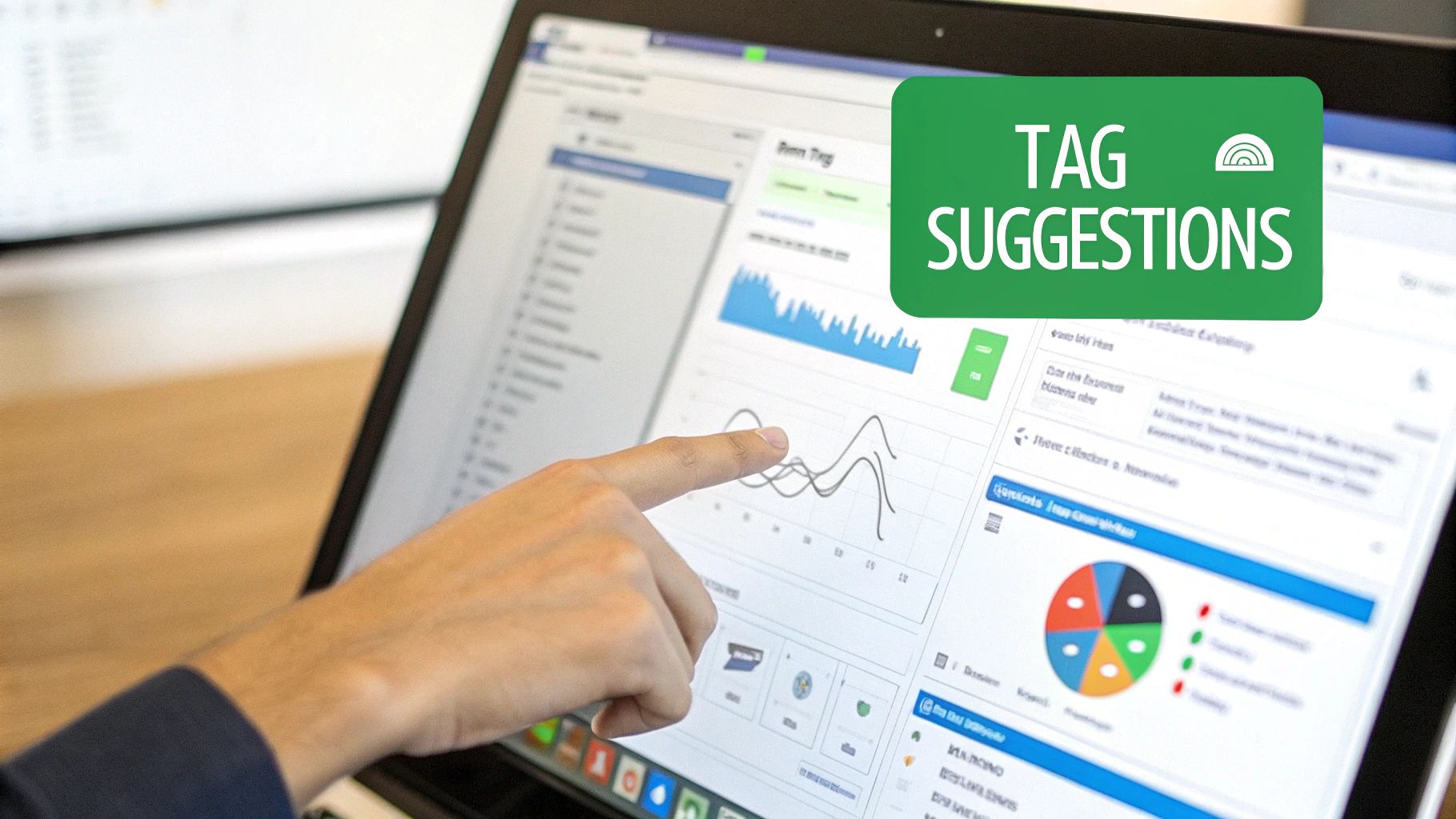 A hand points at a laptop screen showing data charts and 'TAG SUGGESTIONS' for content optimization.