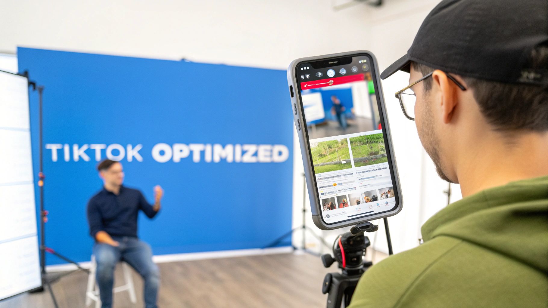 Content creator filming TikTok video with smartphone on tripod using blue screen backdrop