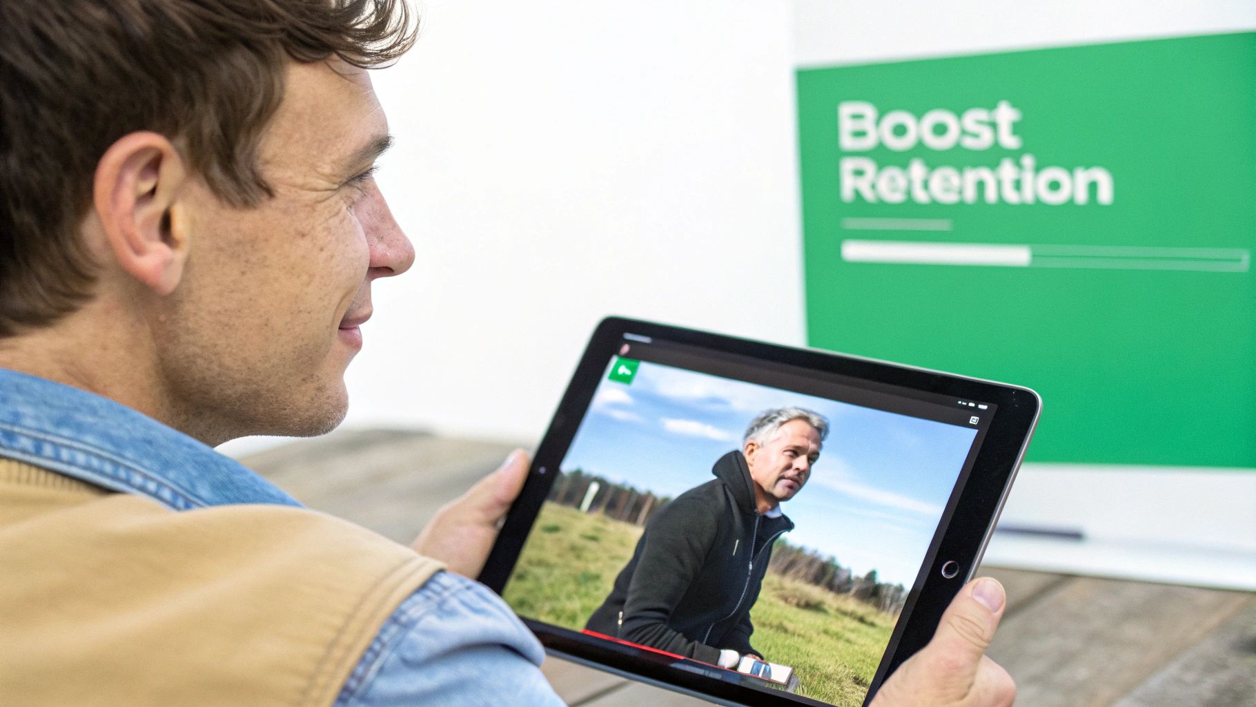 A man watches a video on a tablet featuring another man outdoors, with a 'Boost Retention' sign.
