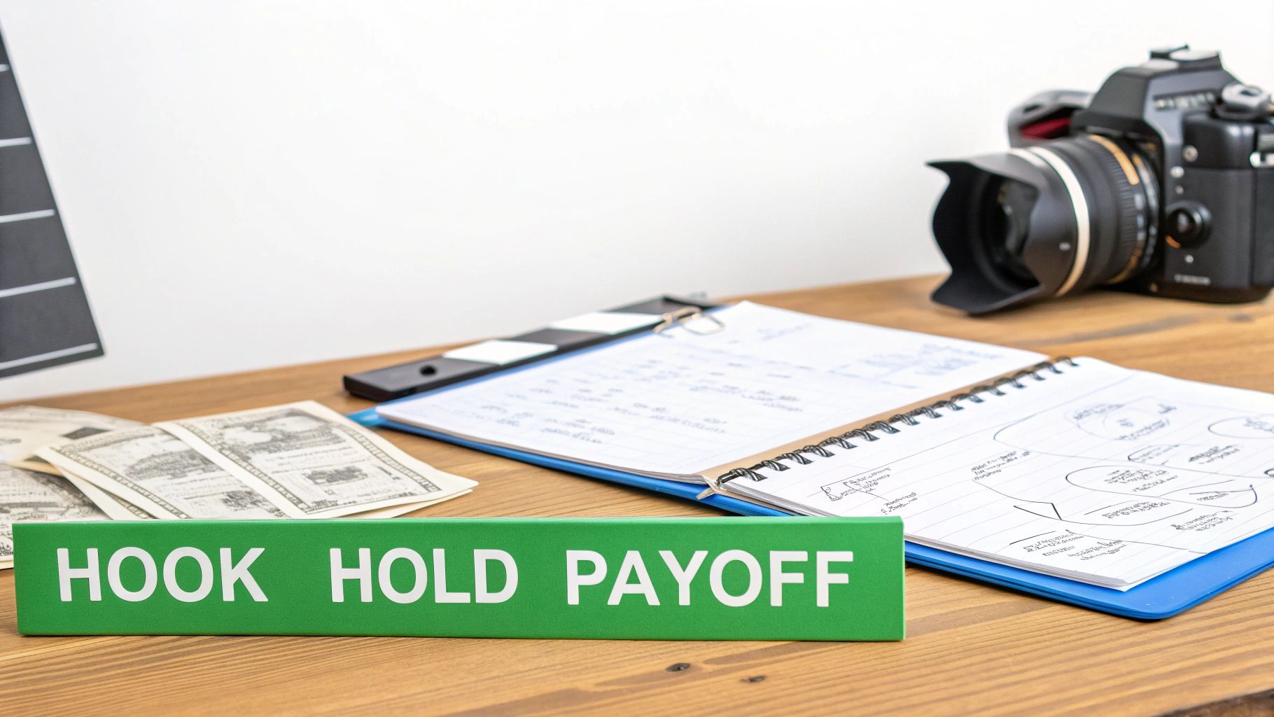 A green sign reading 'HOOK HOLD PAYOFF' sits on a wooden desk with money, notebooks, and a camera.