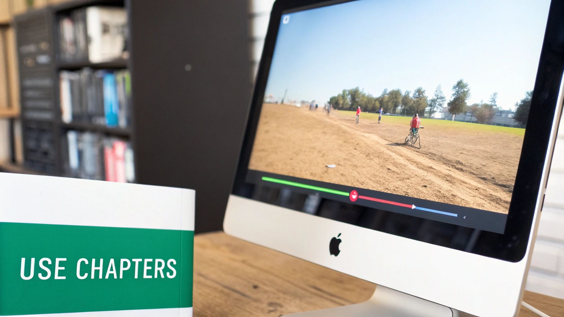 A book titled 'USE CHAPTERS' rests on a wooden desk with an iMac displaying a video of cyclists.