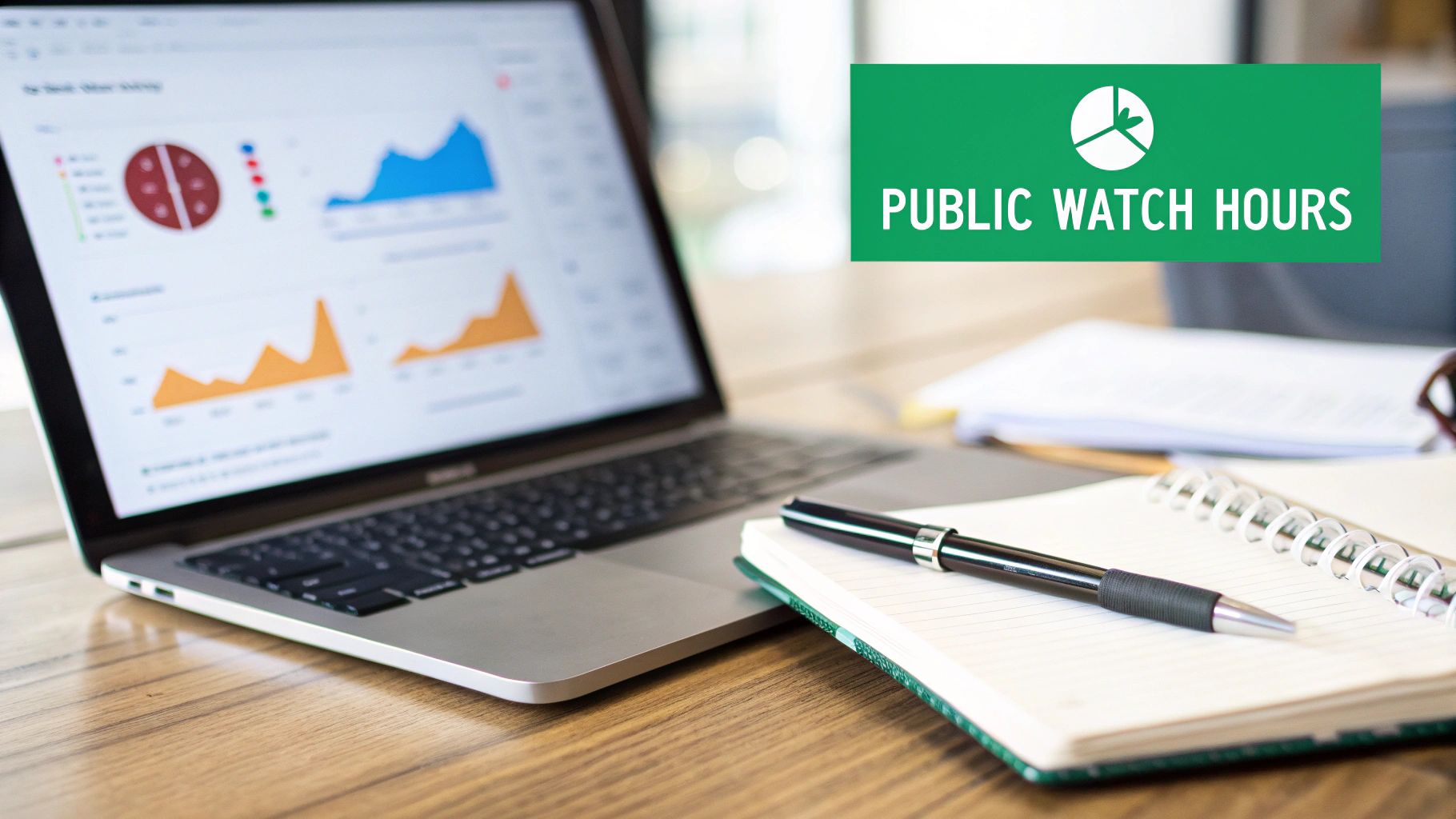 Laptop displaying graphs and charts on a desk with a notebook, pen, and a 'PUBLIC WATCH HOURS' banner.