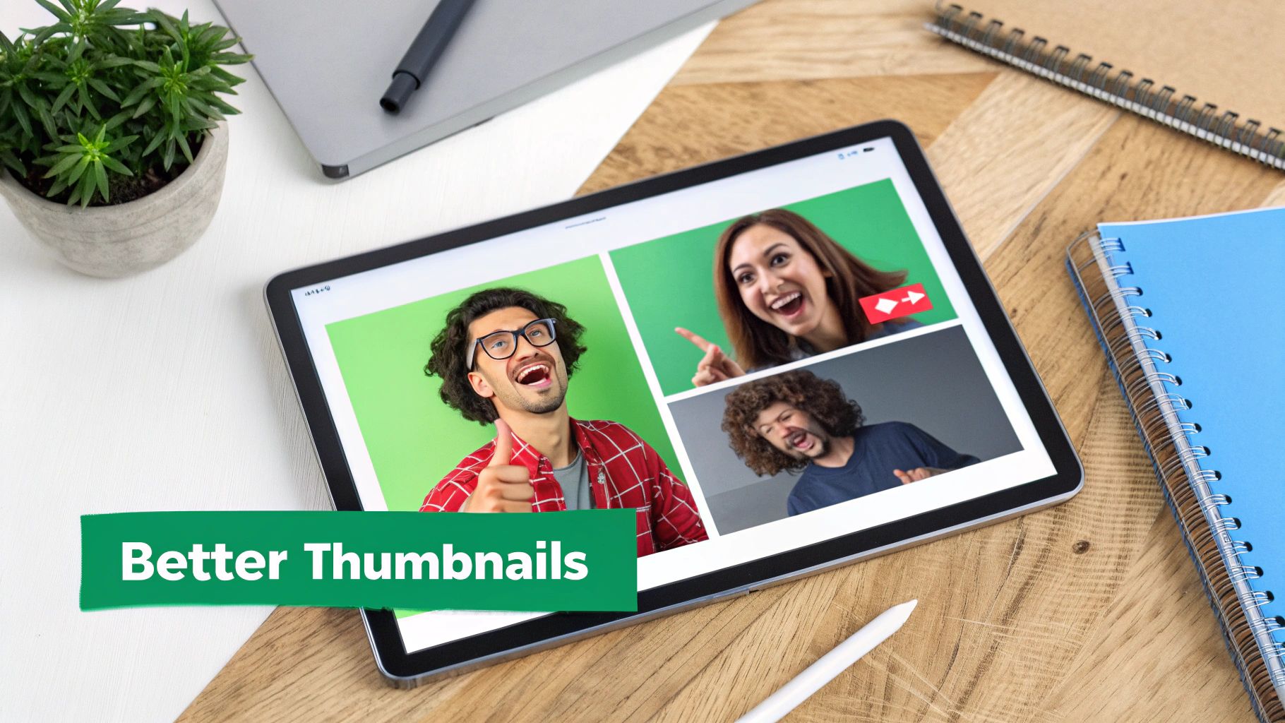 Tablet displays video call thumbnails with smiling people, alongside a 'Better Thumbnails' banner, plant, and desk items.