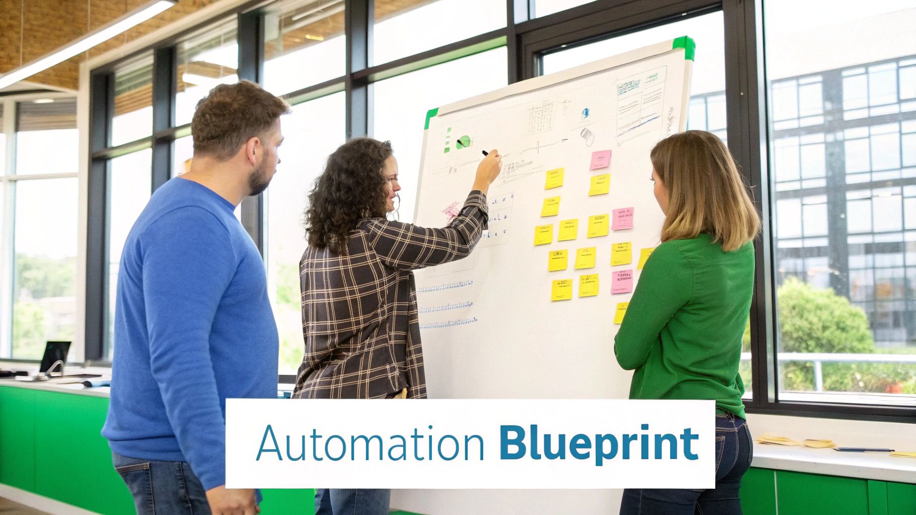A person at a desk sketching out a workflow on a whiteboard, symbolizing strategic planning.