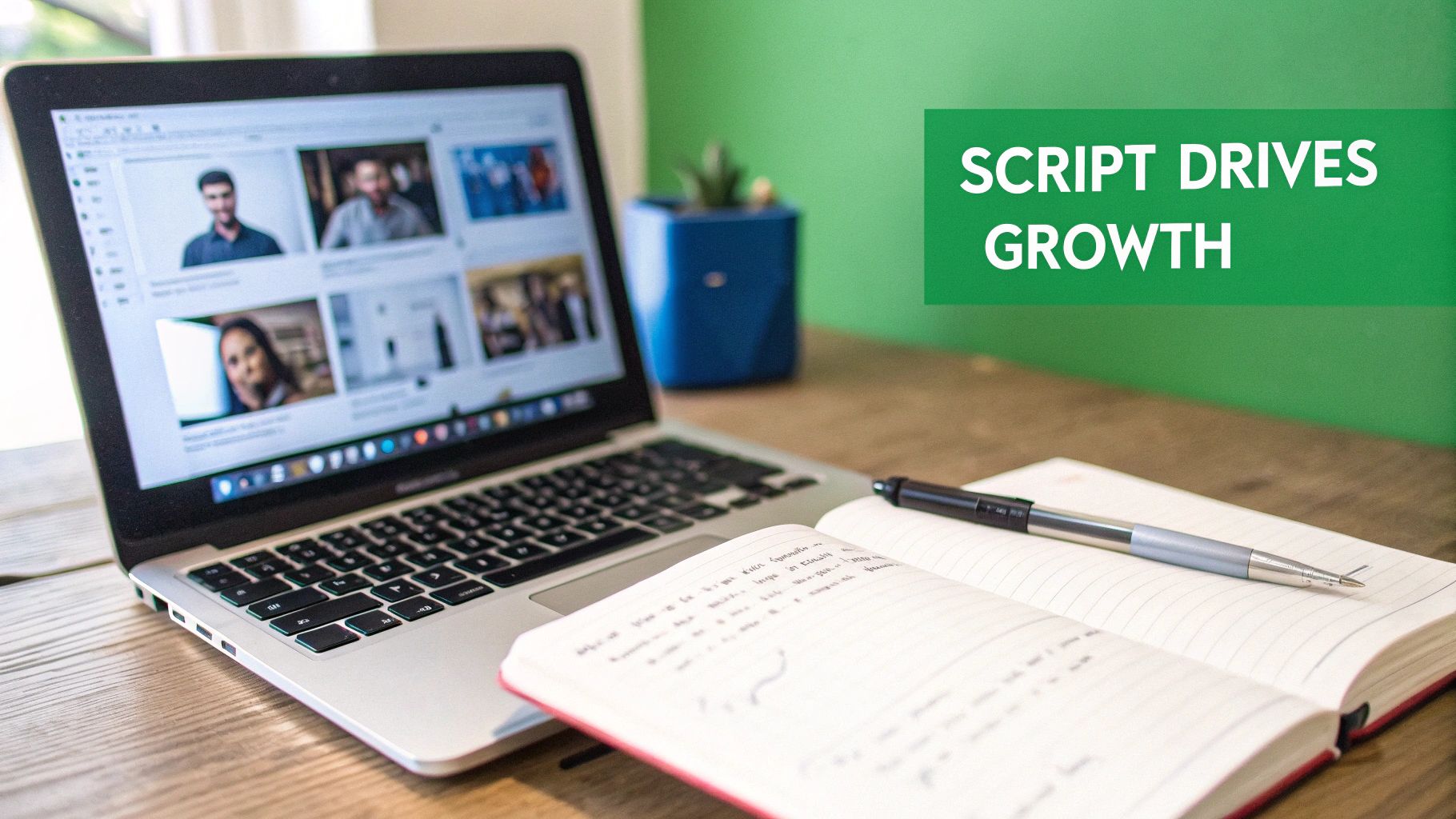 A laptop on a wooden desk next to an open notebook and pen with text 'SCRIPT DRIVES GROWTH'.