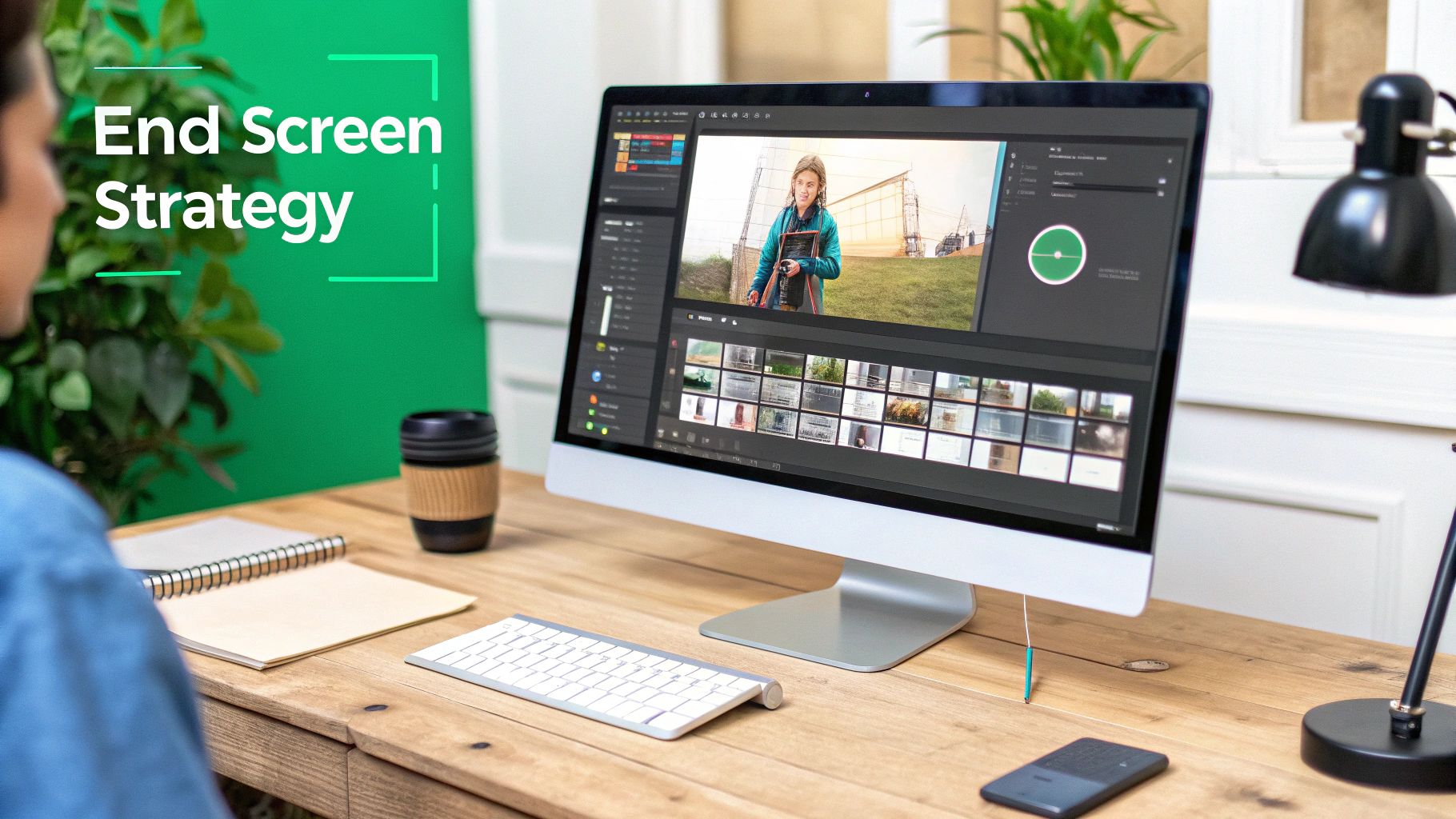 Person editing a video on a large monitor, with 'End Screen Strategy' text prominent.