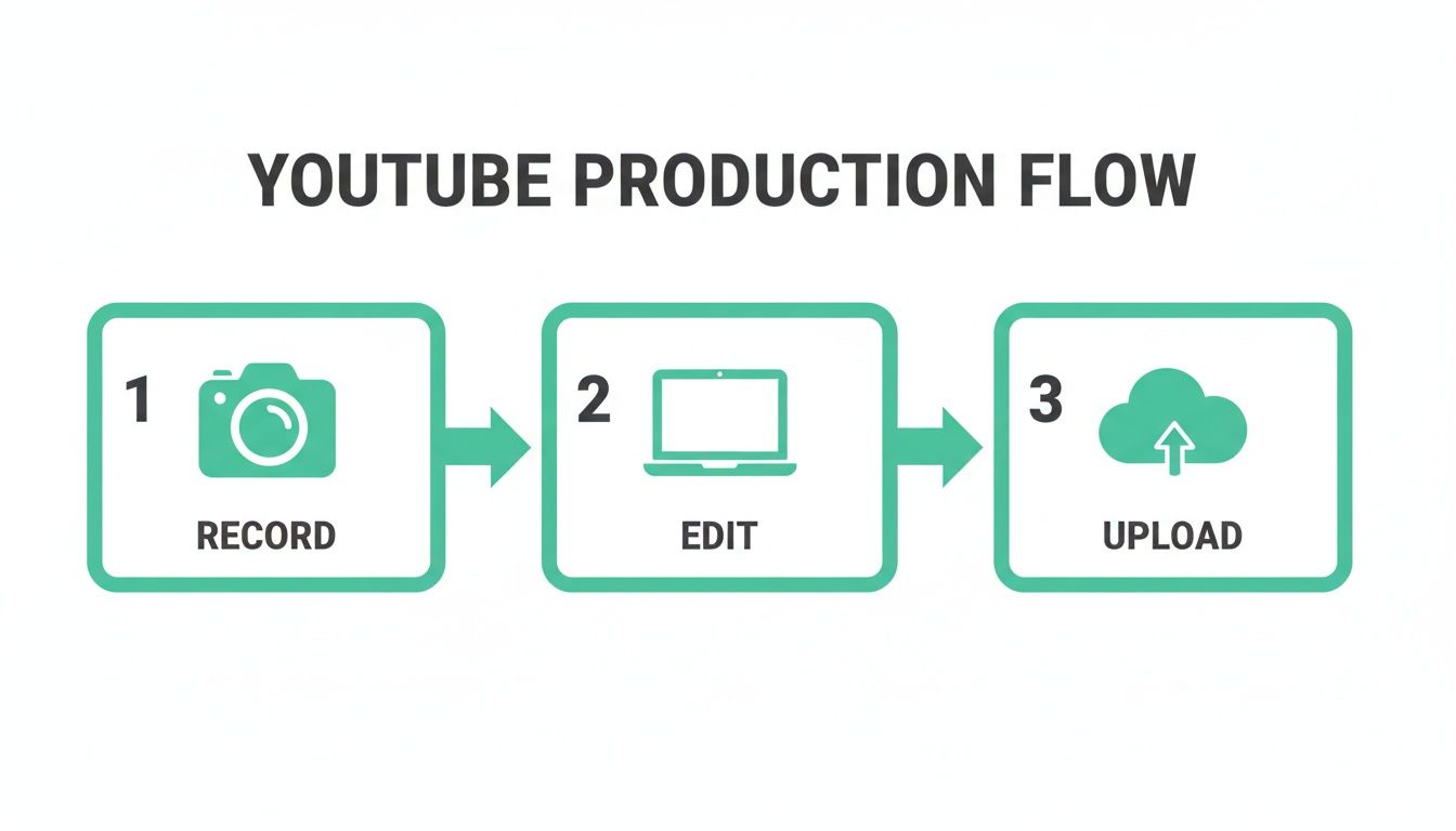 Infographic illustrating the three-step YouTube production flow: record, edit, and upload video content.