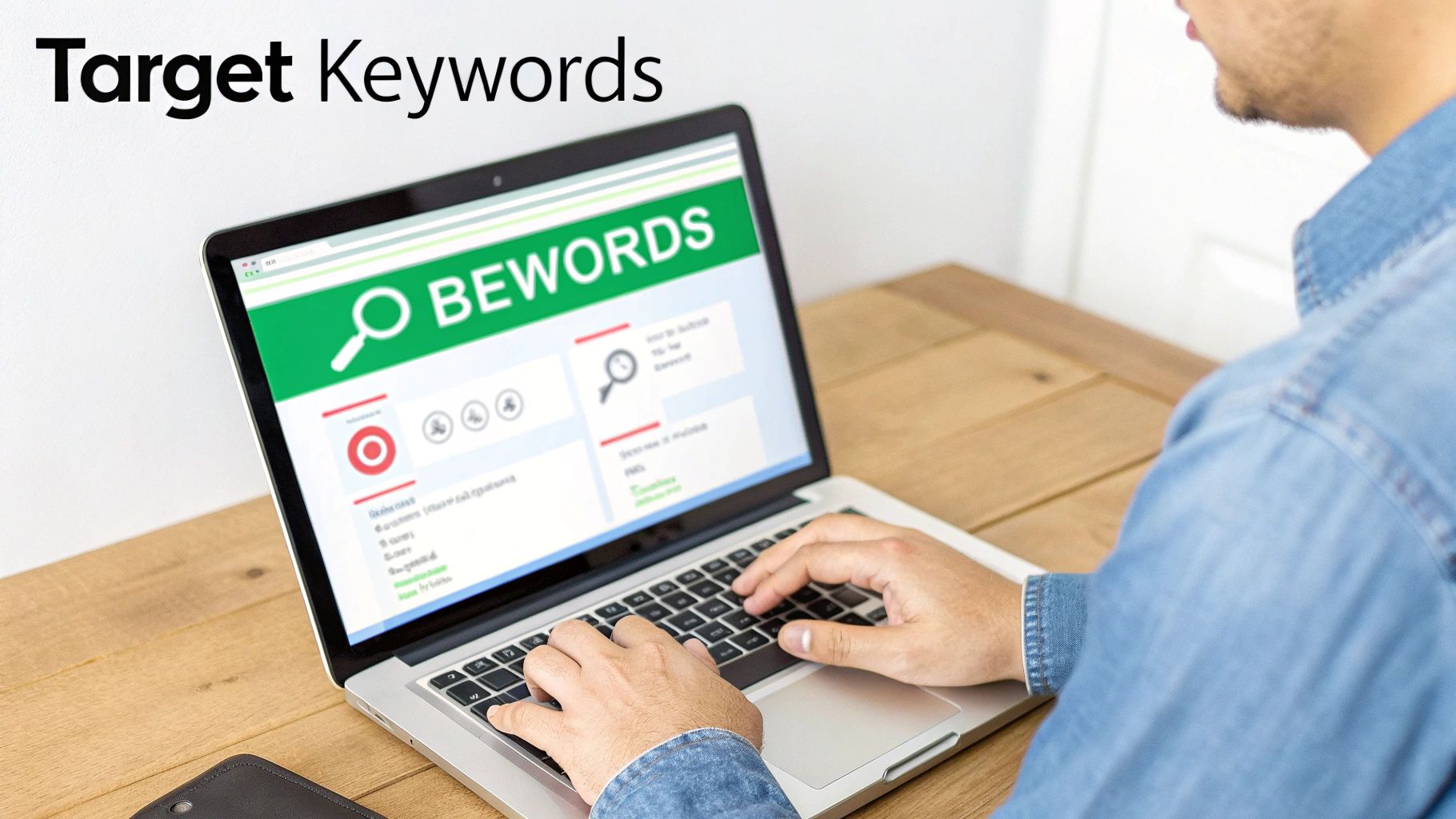 A person types on a laptop showing a keyword research tool with 'Target Keywords' text overlay.