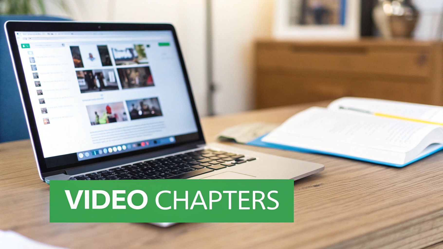 A laptop screen displays video thumbnails alongside an open book on a wooden desk, emphasizing video chapters.