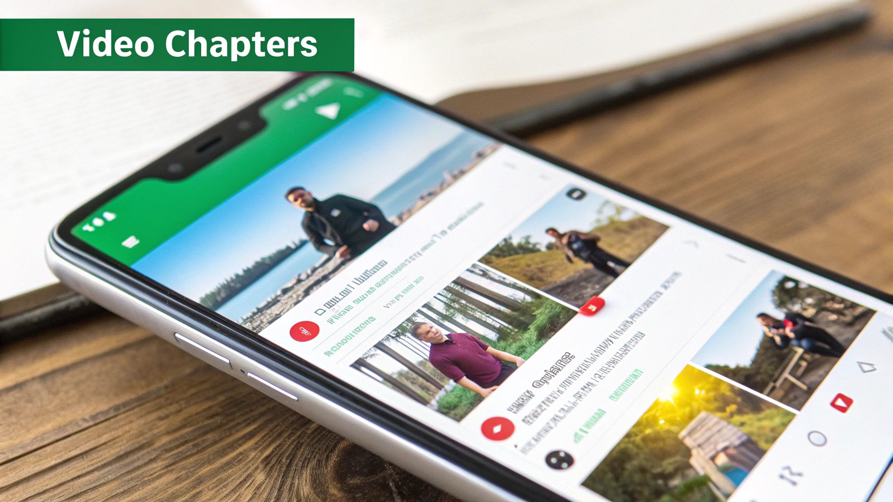 A creator at a desk meticulously organizing video clips on a timeline, symbolizing the careful process of chapter optimization.