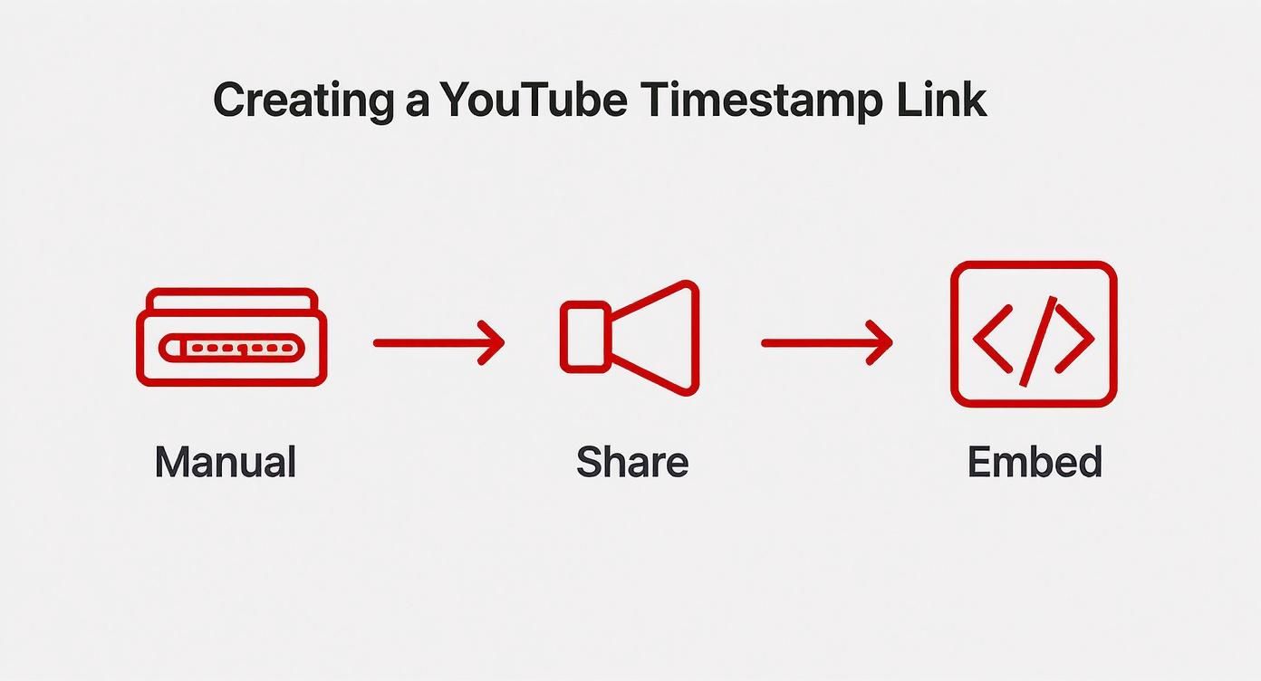 Diagram showing three methods to create a YouTube timestamp link: Manual, Share, and Embed.