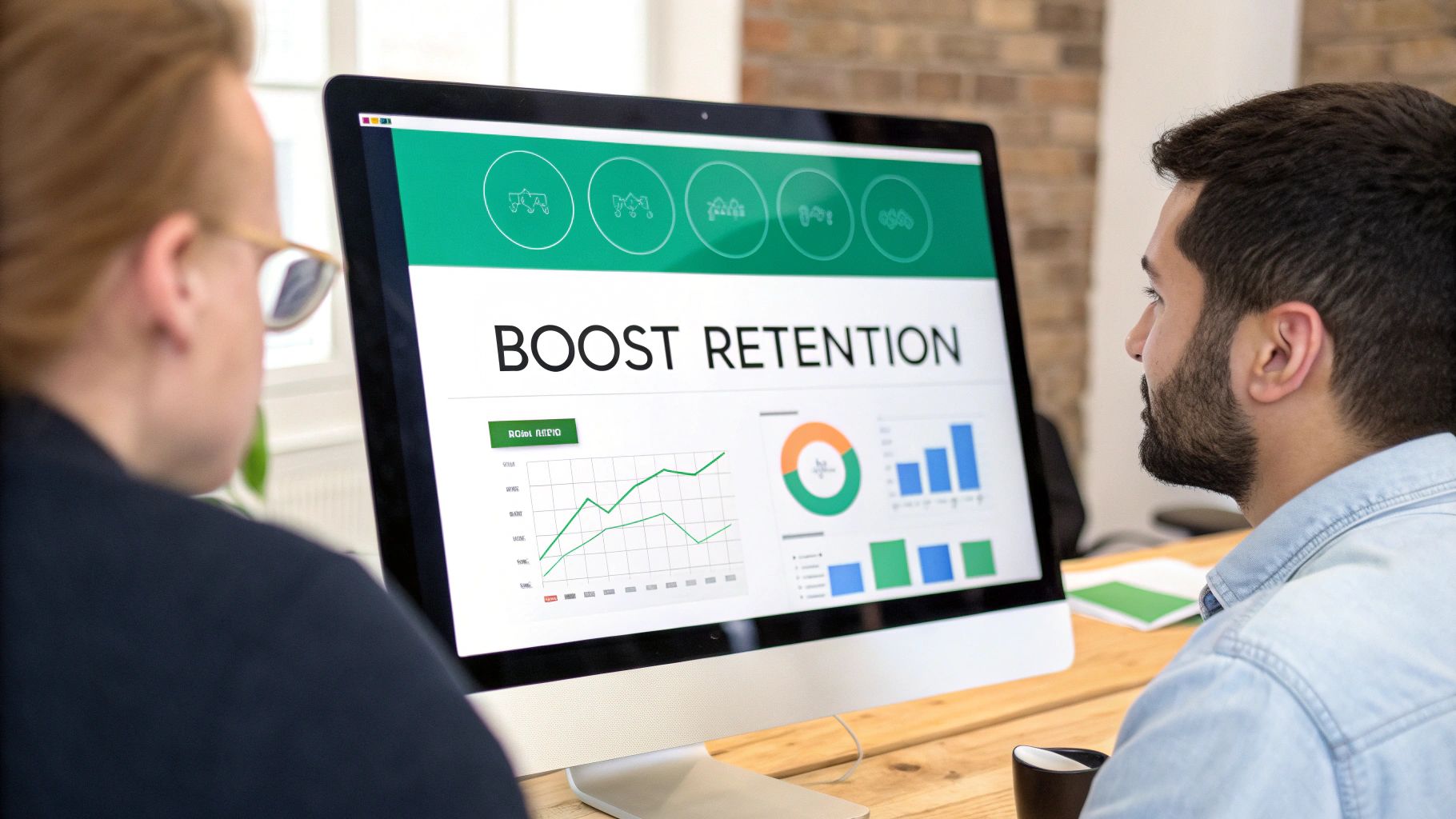 Two colleagues analyze data on a computer screen displaying 'Boost Retention' and various business graphs.