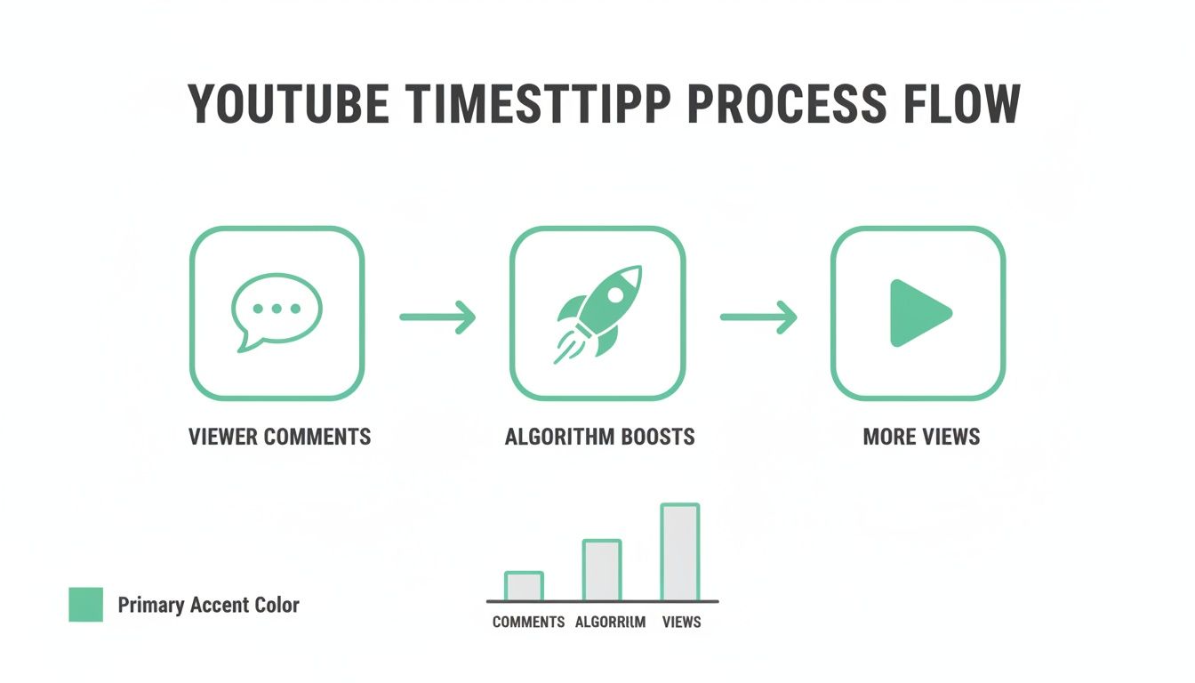 A YouTube process flow shows viewer comments boosting algorithms, resulting in more views, visualized with icons and a bar chart.