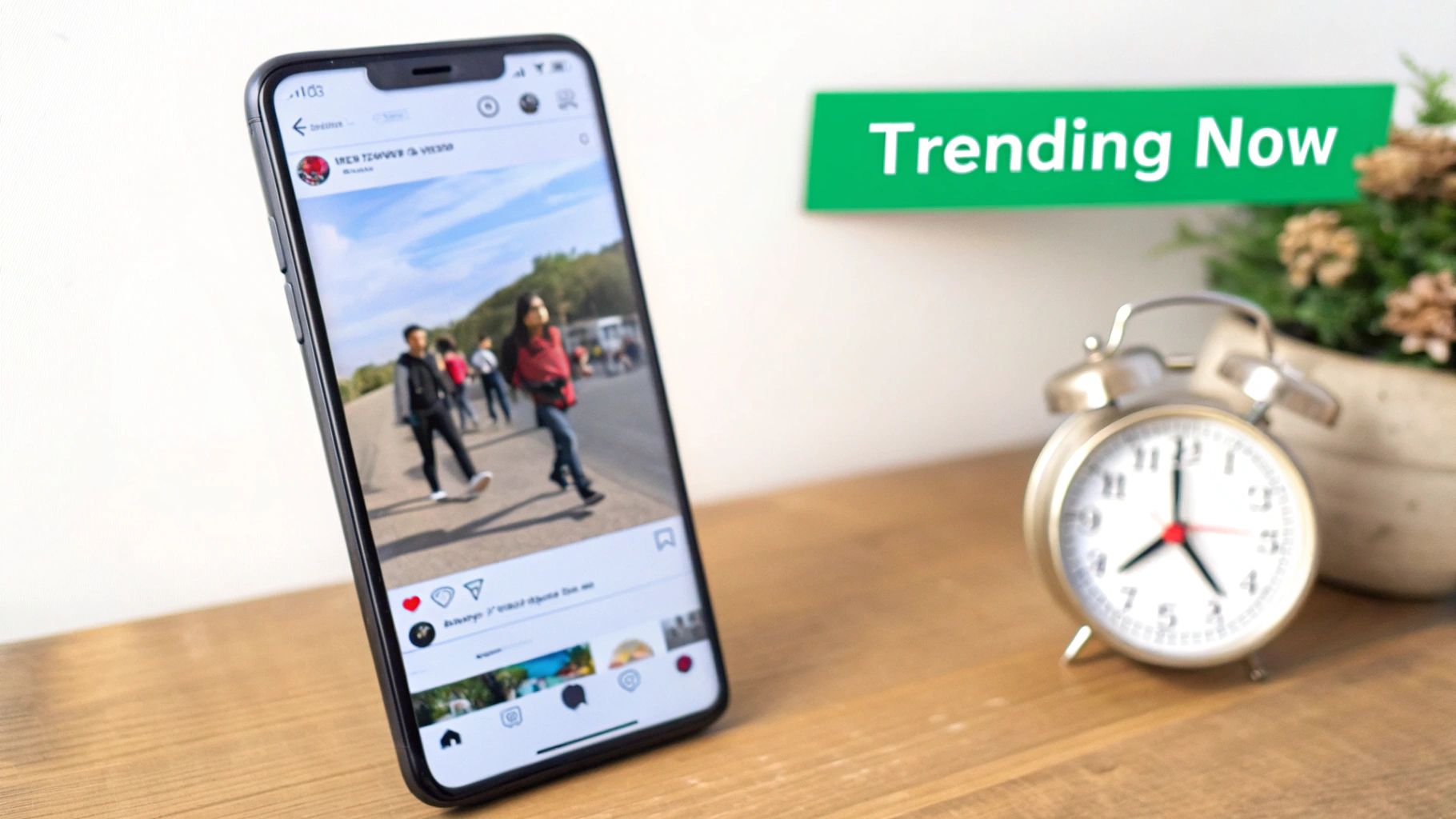 A smartphone displaying a social media post, an alarm clock, and a 'Trending Now' banner.