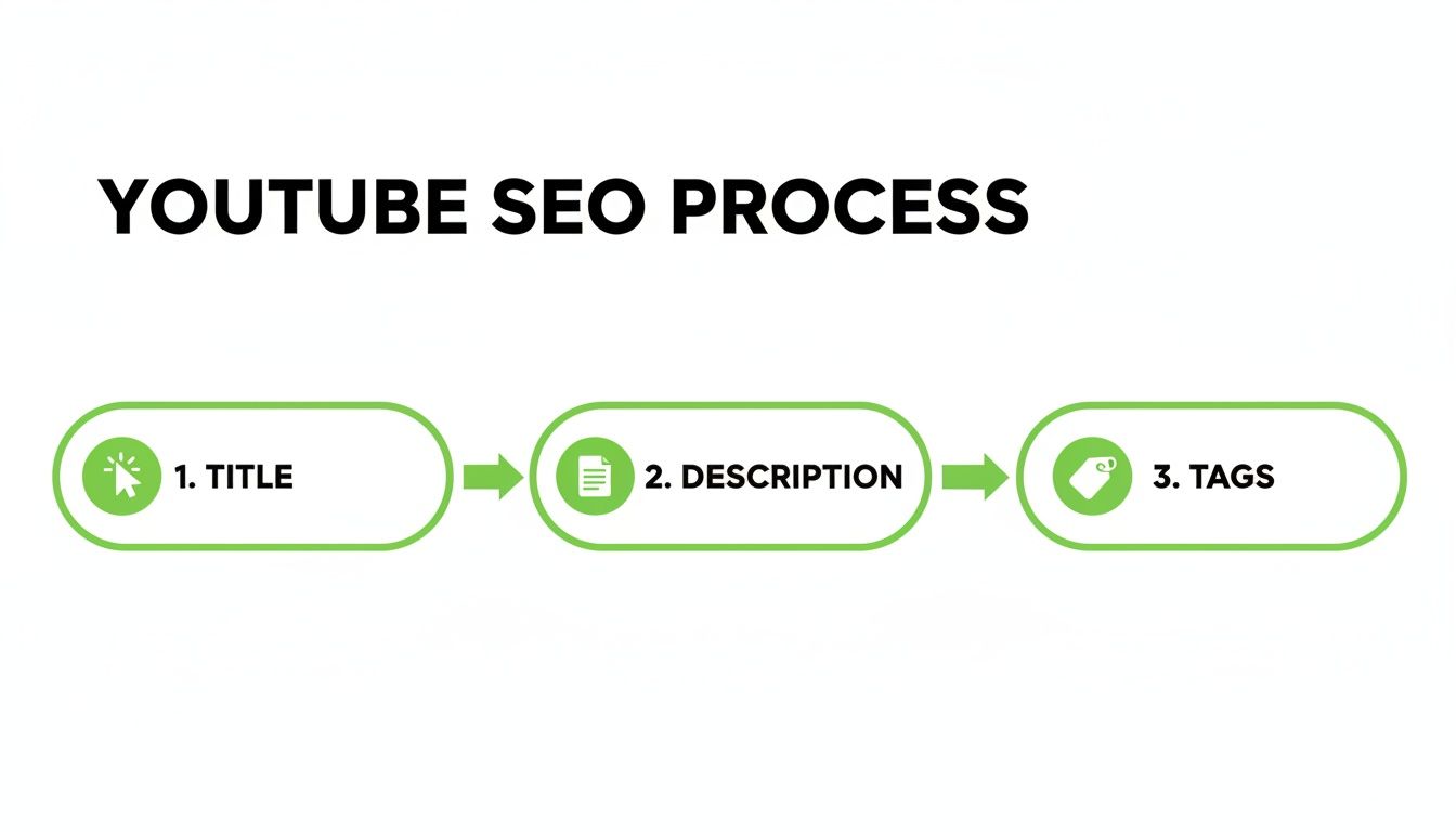A green and white infographic illustrating the YouTube SEO process, showing steps for title, description, and tags.