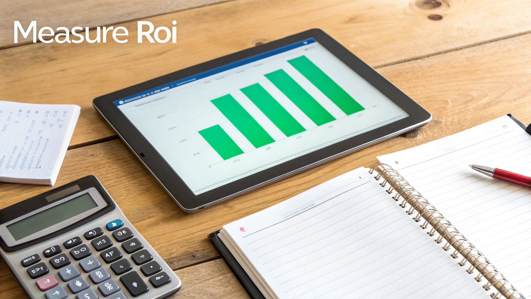 A tablet displays a green bar chart next to a calculator, notebook, and pen on a wooden desk, symbolizing ROI measurement.