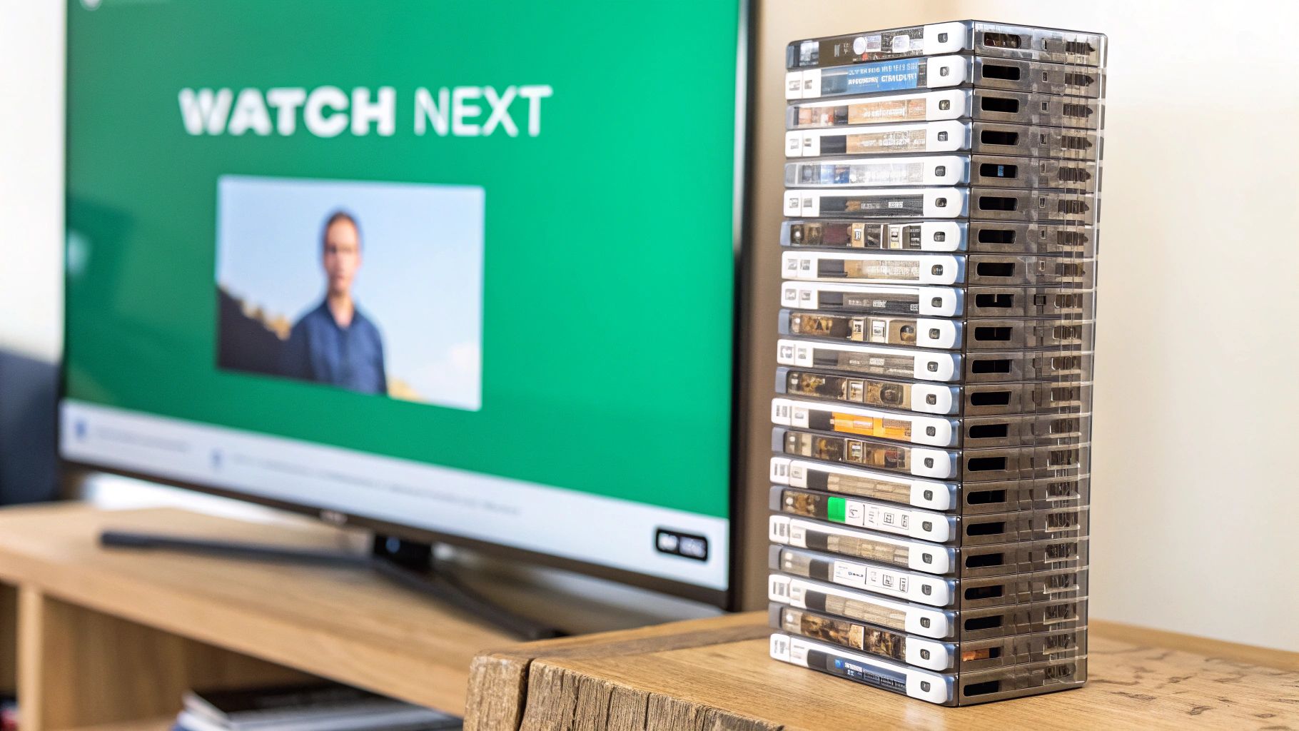 A TV screen showing 'WATCH NEXT' with a blurred man, next to a tall stack of DVD cases on a wooden surface.