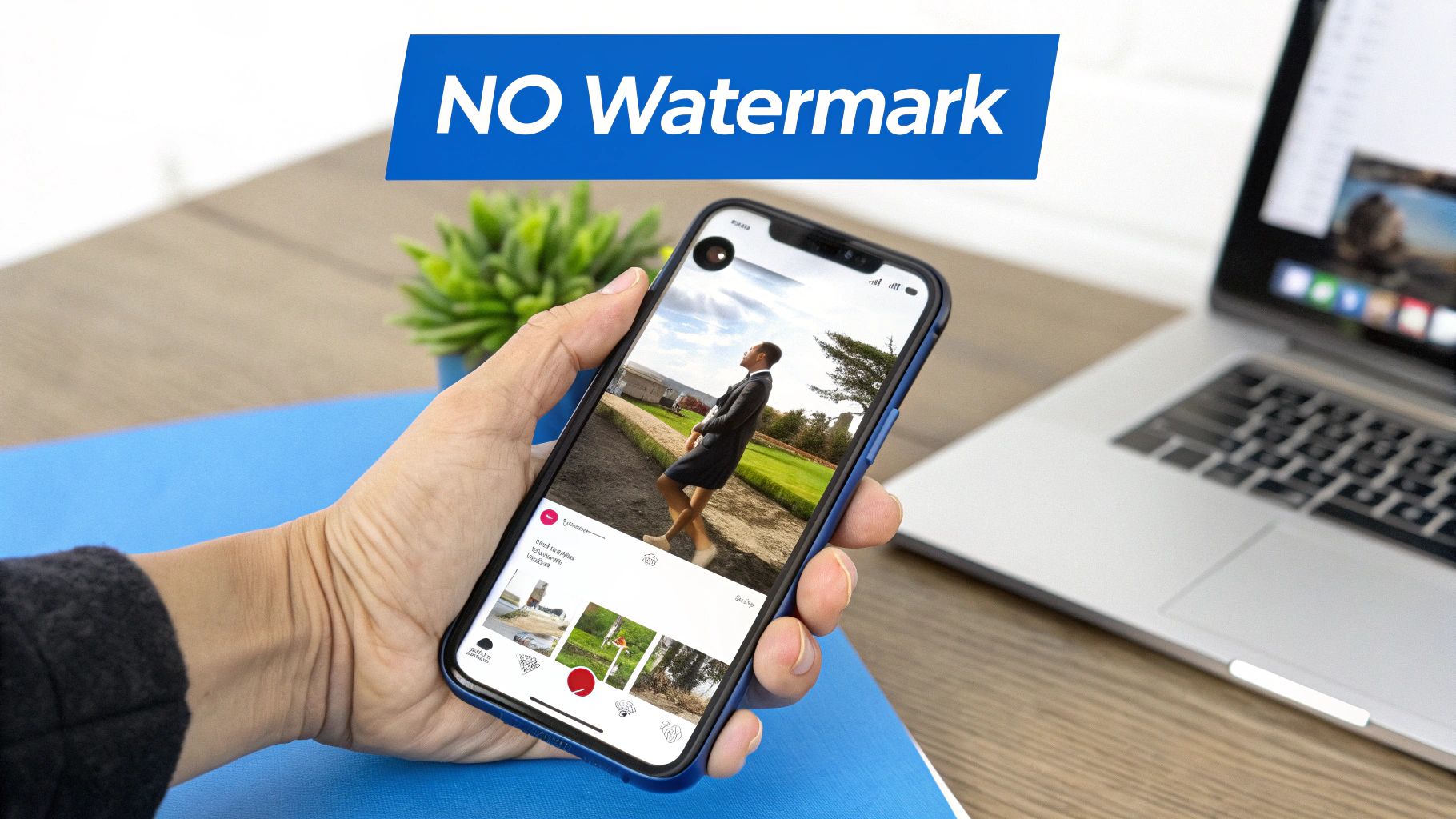 Person holding smartphone displaying Instagram Reels interface on desk with laptop and plant