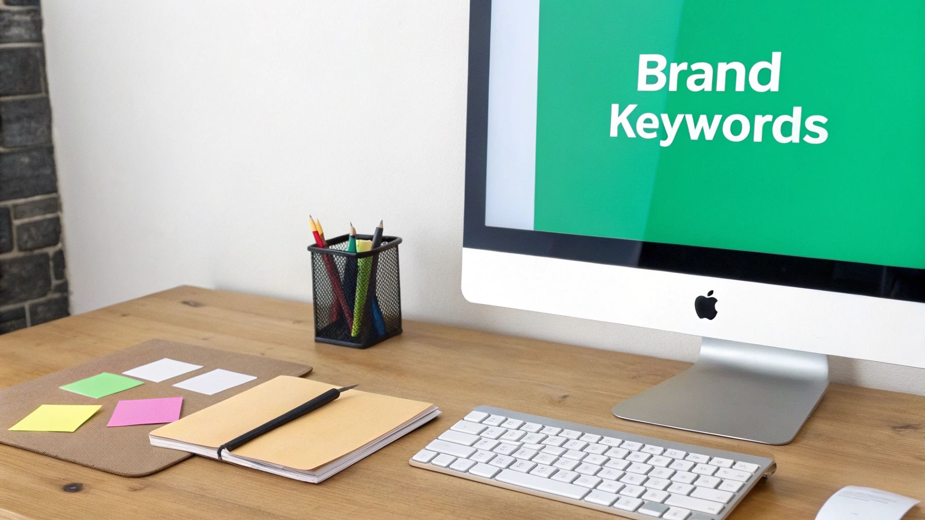 A modern workspace with an iMac displaying 'Brand Keywords', a keyboard, notebook, and colorful sticky notes.