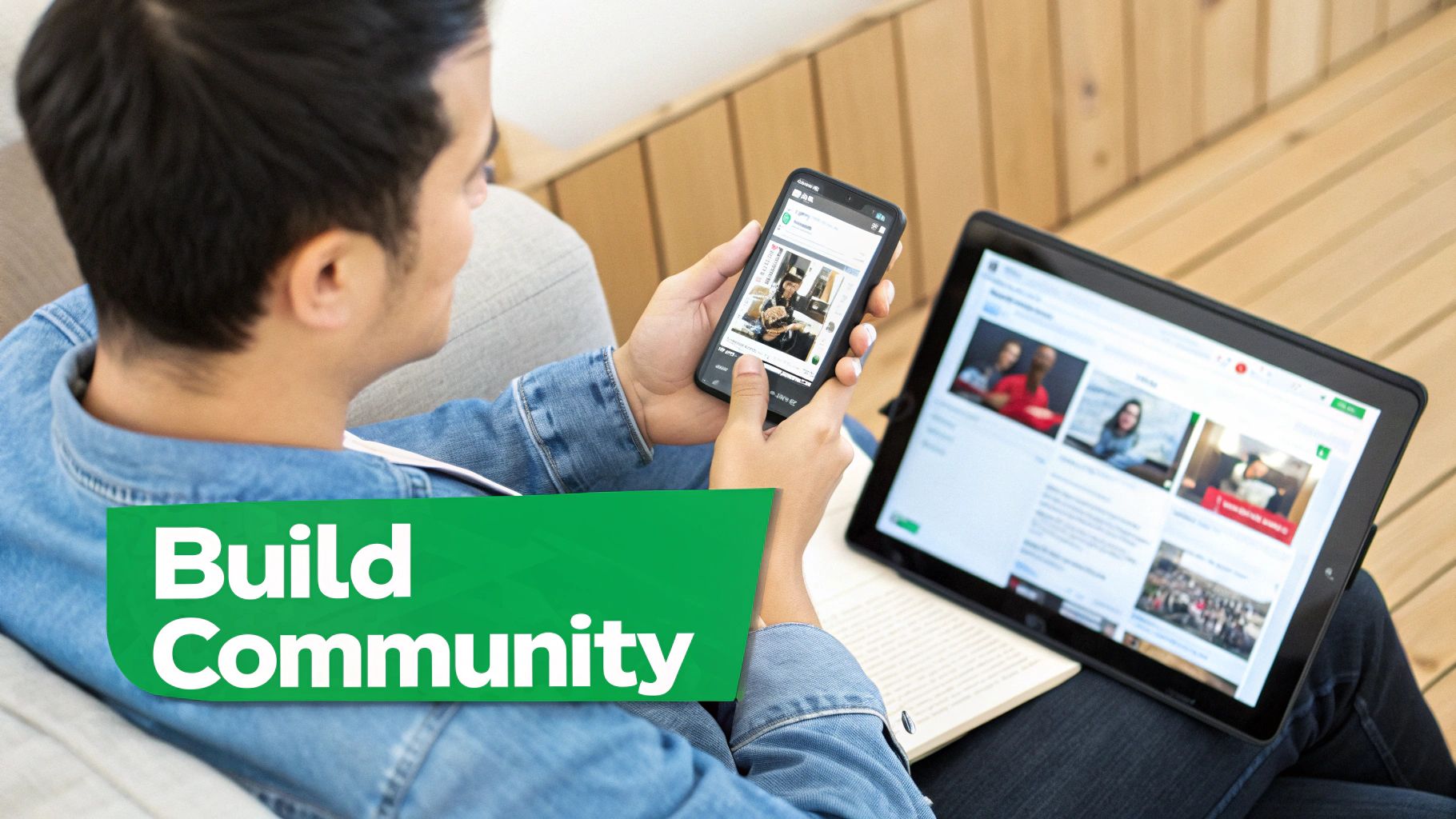 A person on a couch uses a smartphone and tablet showing social feeds with 'Build Community' text.