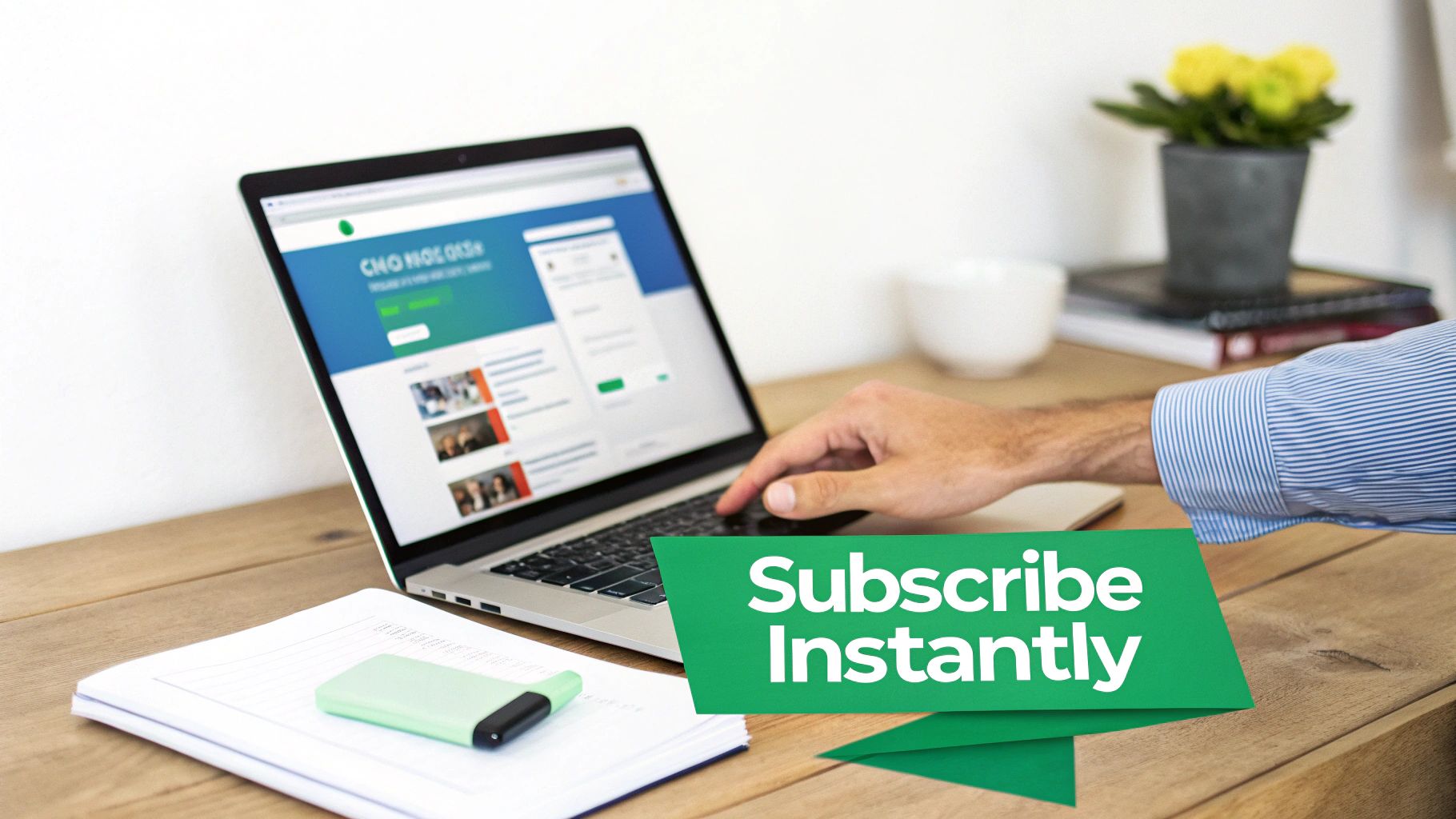 Person using laptop displaying subscription webpage with green subscribe instantly call to action button