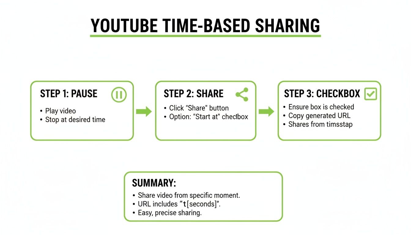 A step-by-step guide on how to share a YouTube video from a specific timestamp.