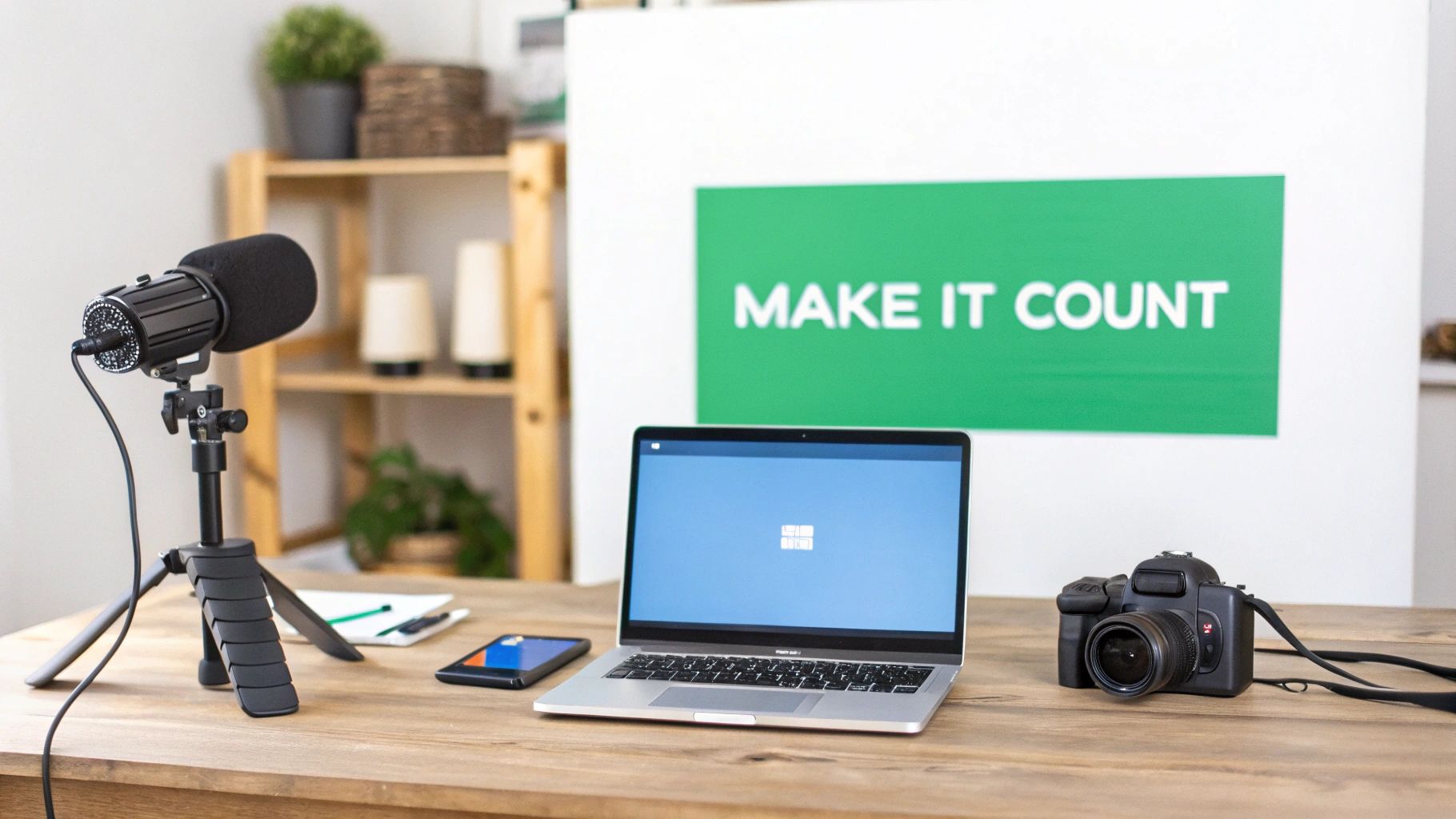 A studio setup with a microphone, laptop showing Windows logo, camera, and a 'MAKE IT COUNT' sign on a wooden desk.