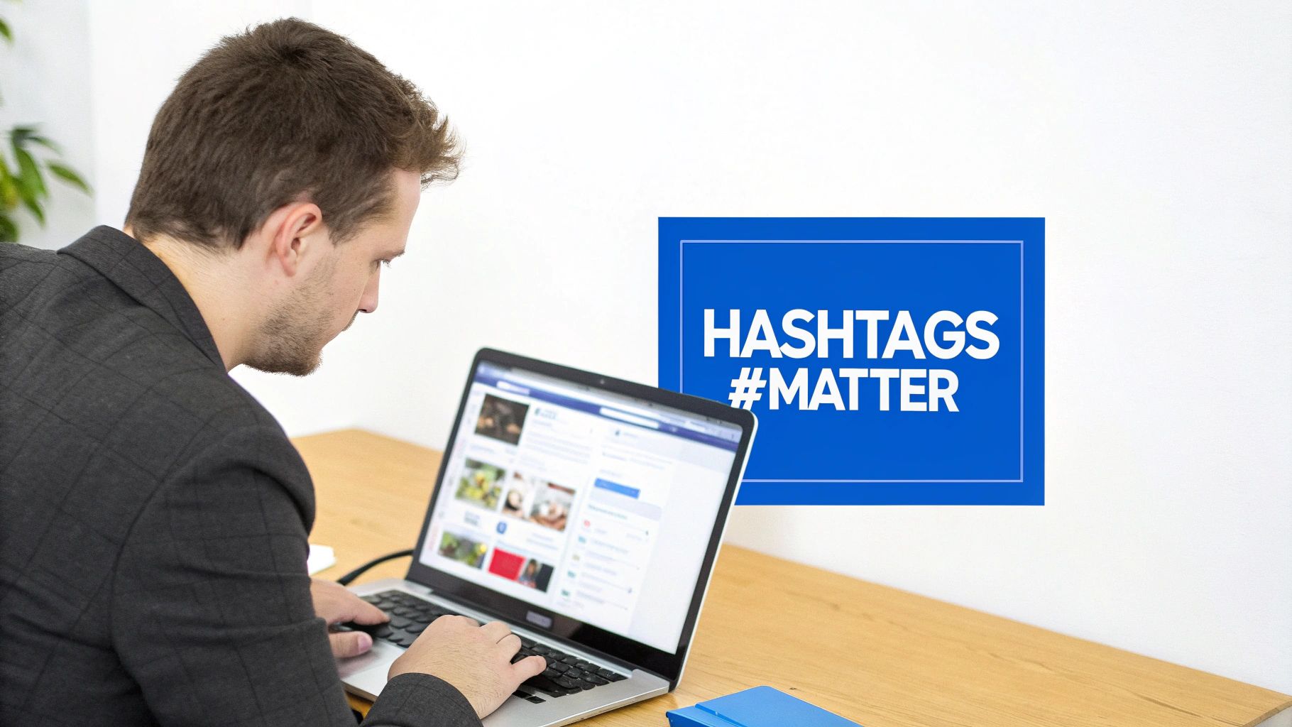 A person's hands typing on a laptop with social media icons floating above it, symbolizing content creation for Facebook.