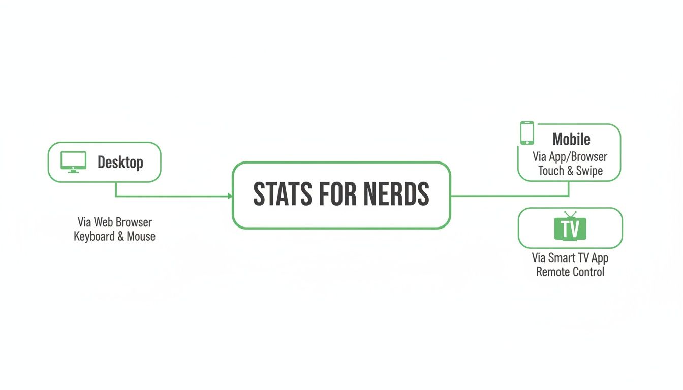 A diagram illustrates accessing 'Stats for Nerds' via desktop, mobile, and smart TV platforms.