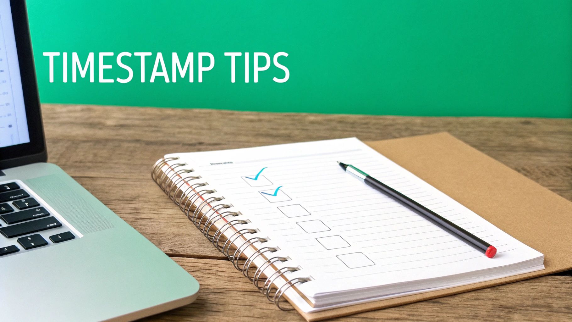 A laptop, notebook with checked boxes, and pen on a wooden desk with 'TIMESTAMP TIPS' text.