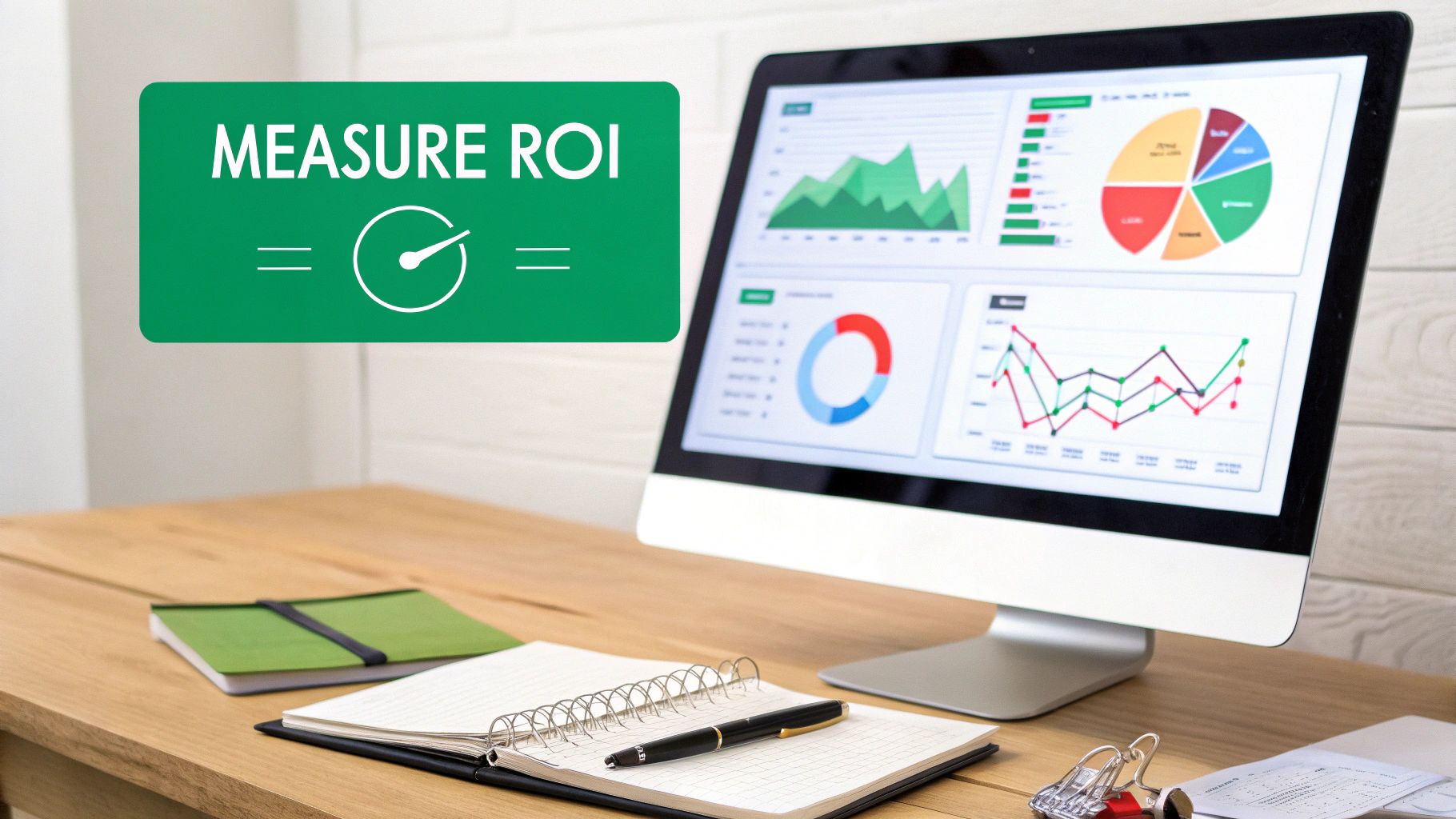 A desk with a computer displaying data analytics and charts, alongside a 'MEASURE ROI' banner and notebooks.