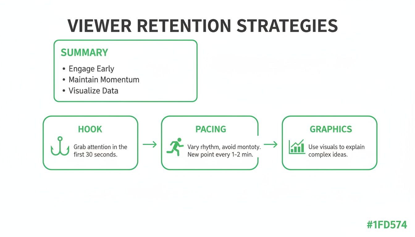 Diagram outlining viewer retention strategies, including summary, hook, pacing, and graphics with descriptions.