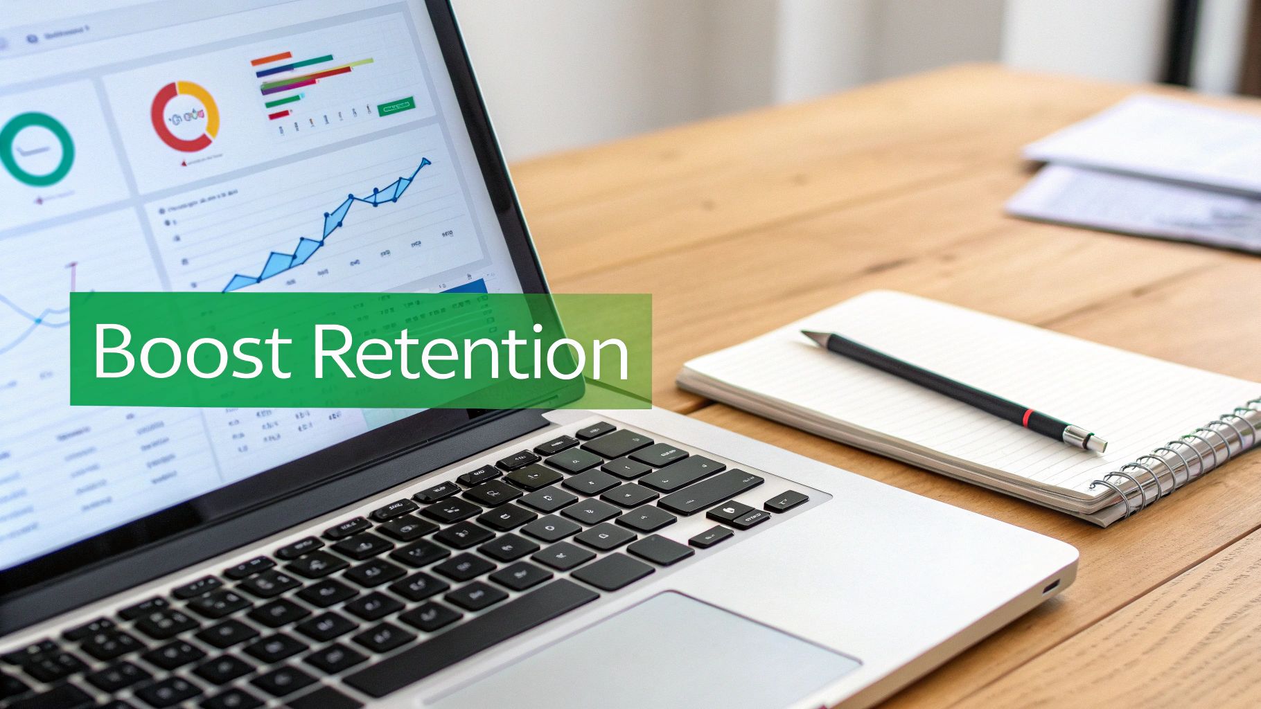 Laptop screen shows data analytics graphs and charts, with 'Boost Retention' text on a wooden desk.