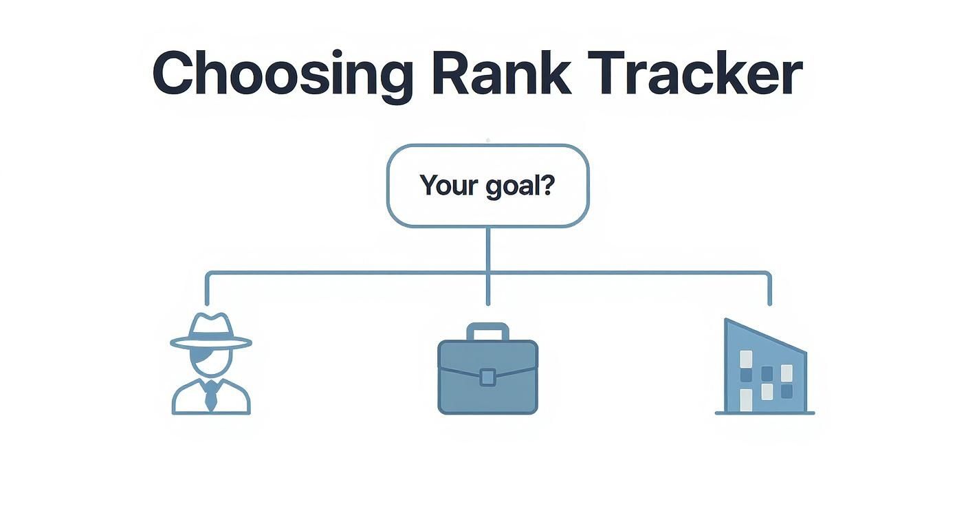 Infographic showing a decision tree for choosing a YouTube rank tracker based on user type: Creator, Business, or Agency.