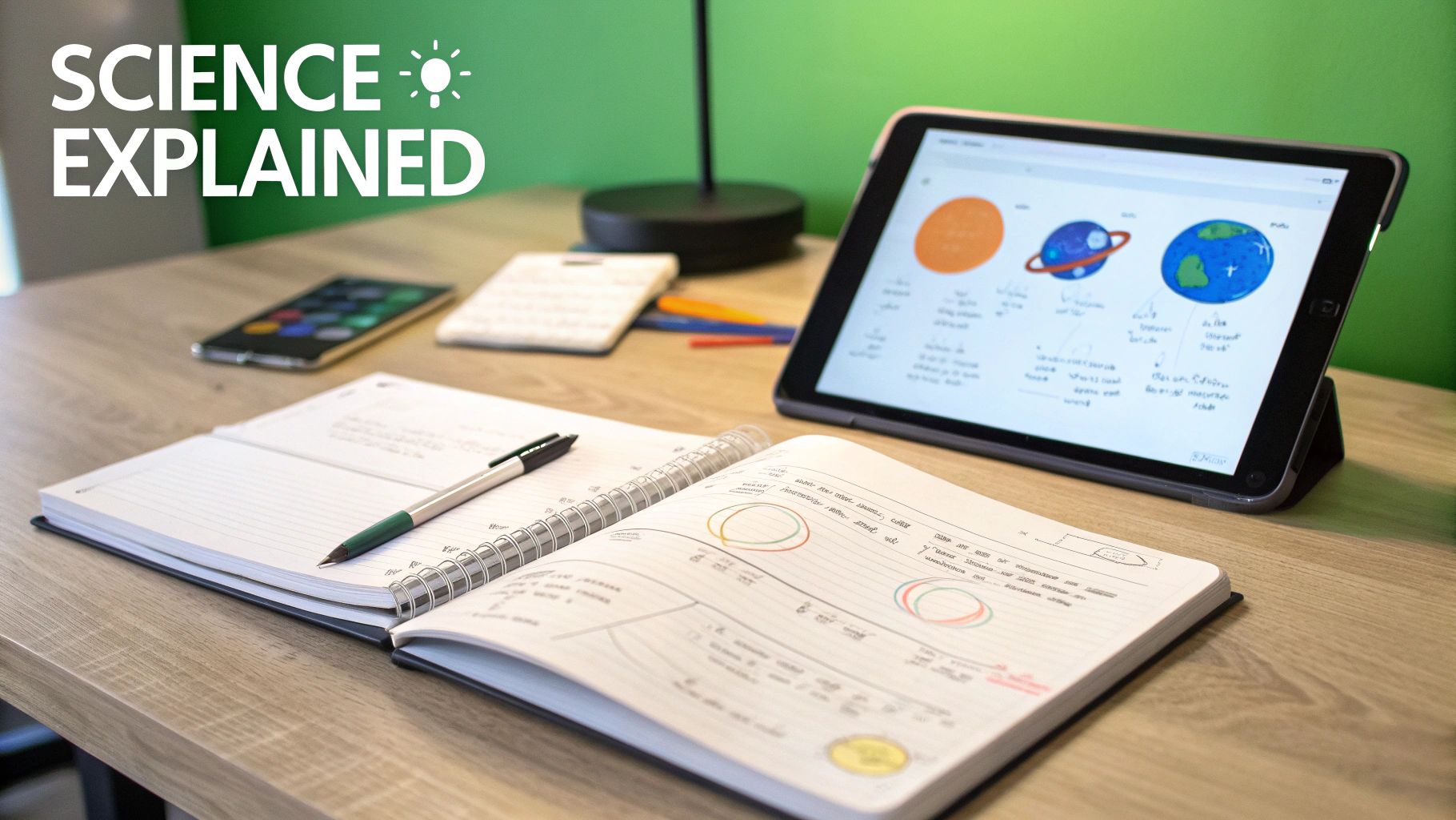 A desk with a notebook, pen, smartphone, and tablet displaying planets for science education.