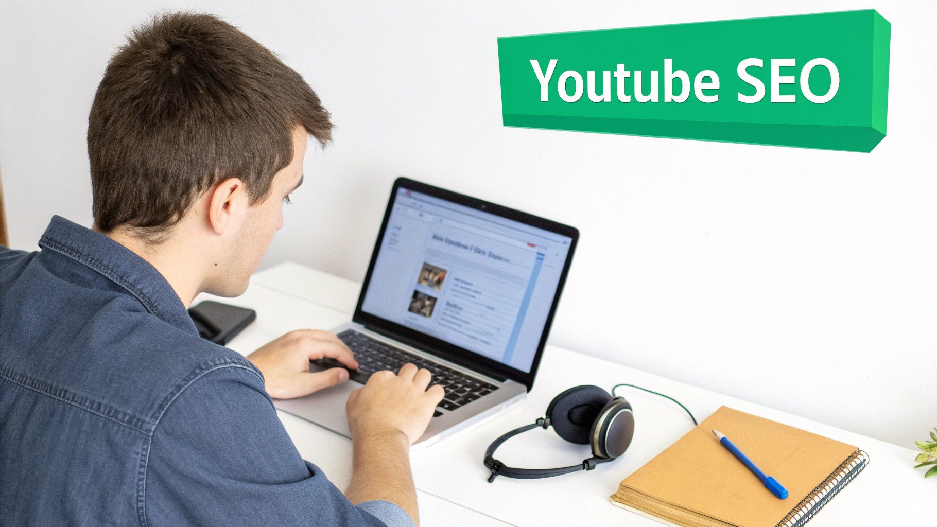 A person types on a laptop at a desk with headphones and a notebook, next to a "Youtube SEO" banner.