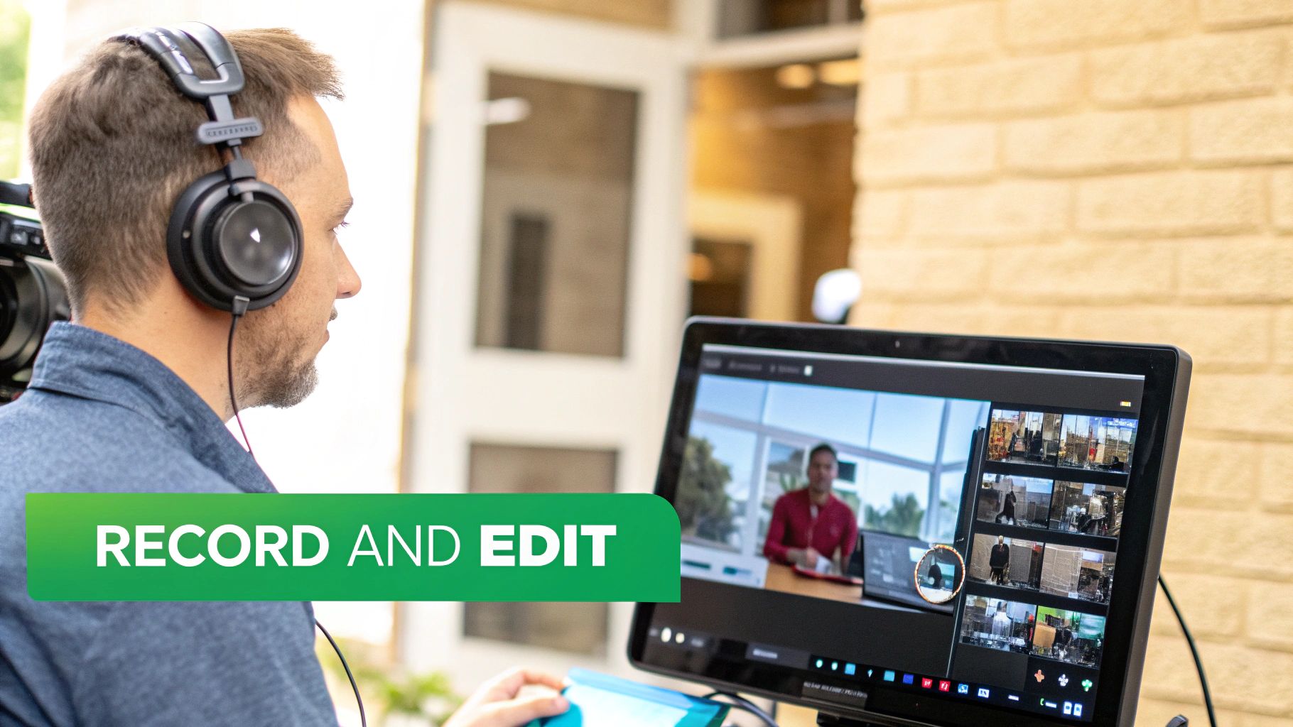 Man wearing headphones reviews video footage on a computer, indicating recording and editing work.