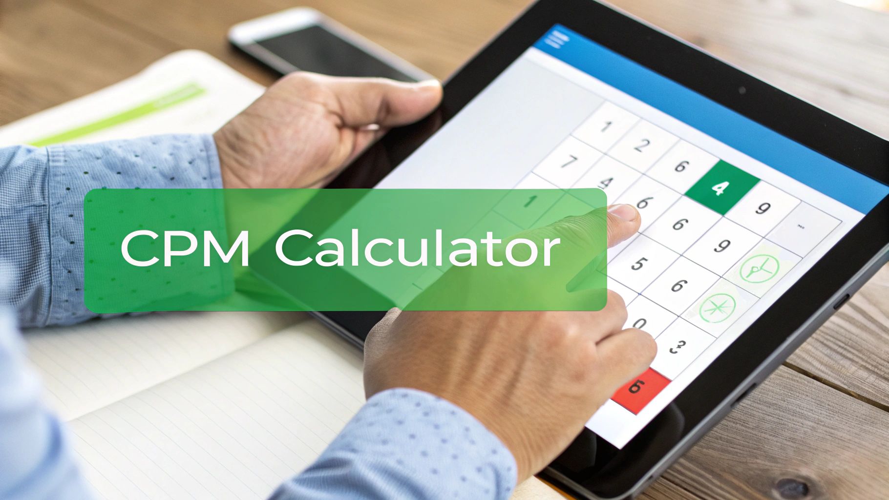 A person's hands using a digital tablet displaying a calculator app with a 'CPM Calculator' overlay.