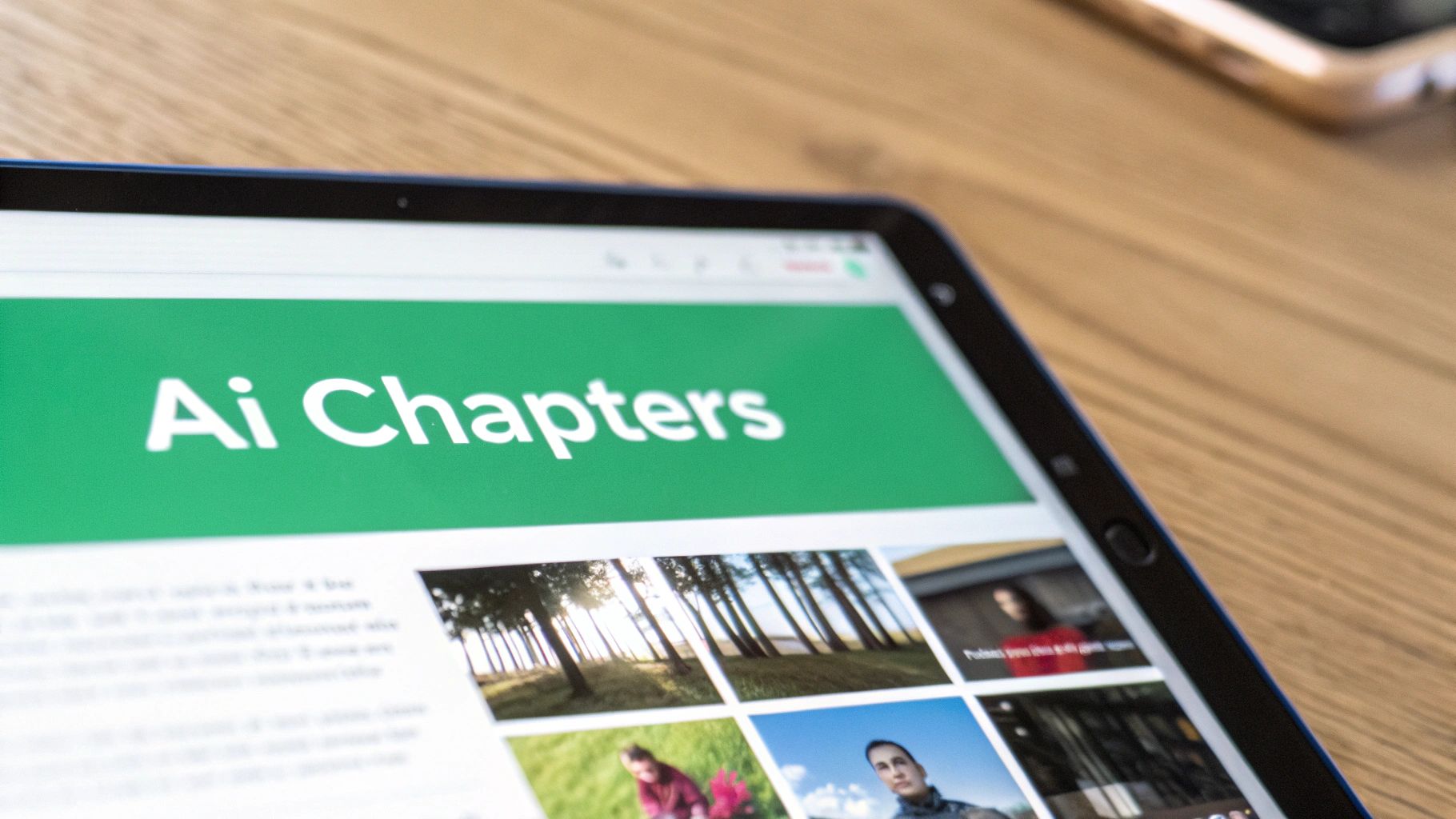 A tablet screen displays 'Ai Chapters' on a green banner, showing various articles and images, on a wooden surface.