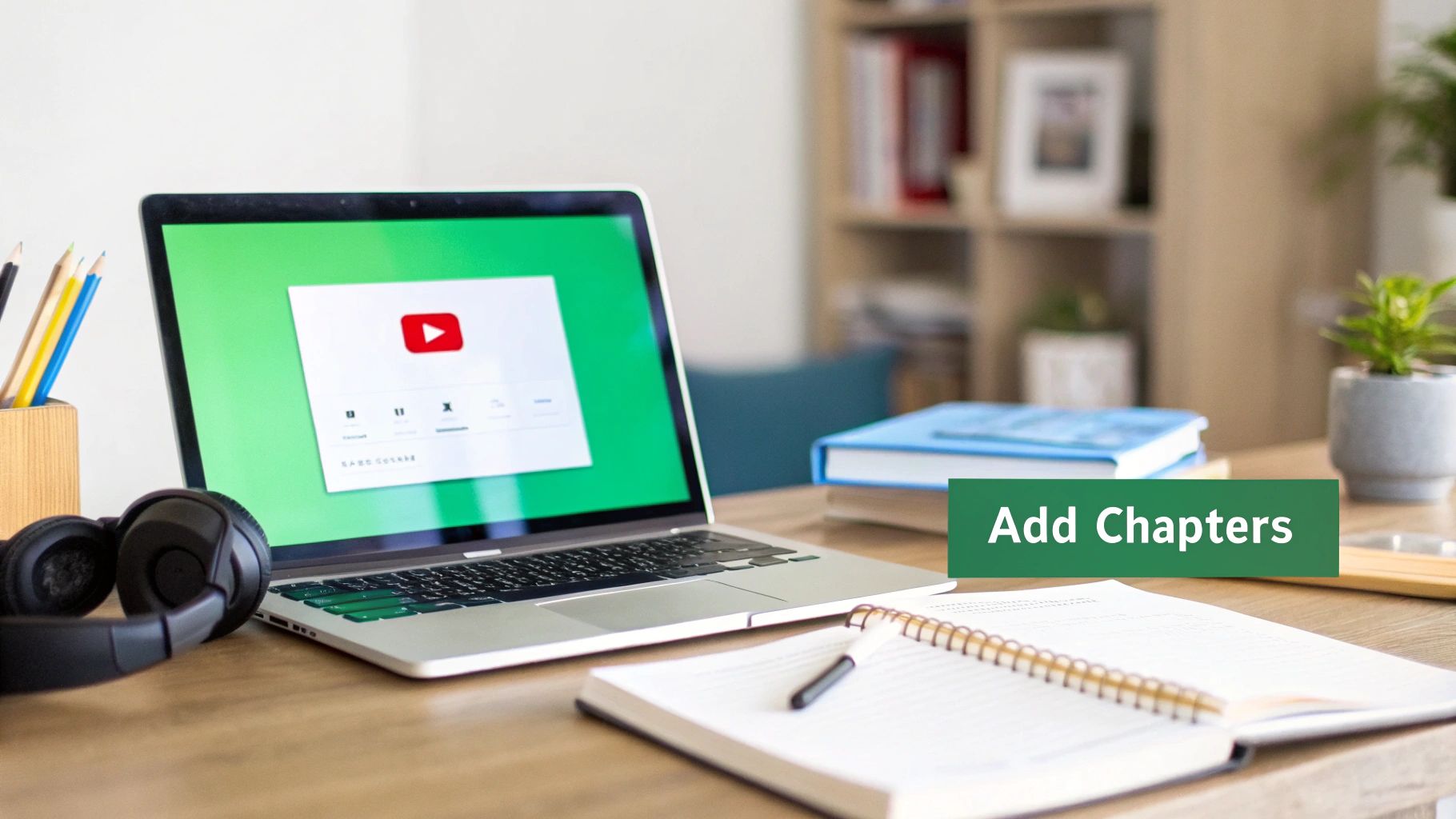 A laptop displaying a YouTube video editing interface with 'Add Chapters' text overlay, alongside headphones and study items.