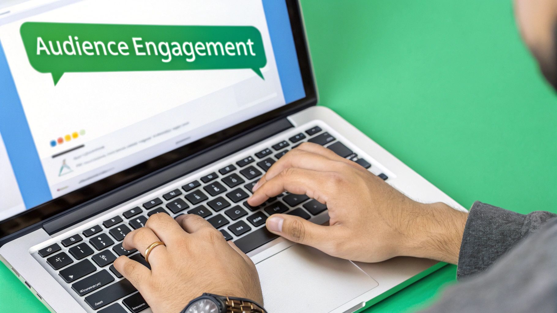 Person promoting their content on multiple social media platforms displayed on various screens.