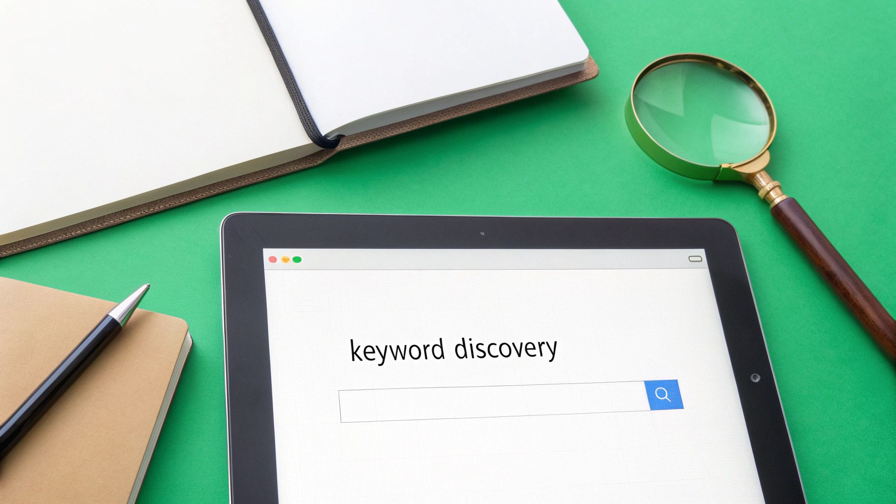 Tablet displaying 'keyword discovery' search, with a notebook, pen, and magnifying glass on a green desk.
