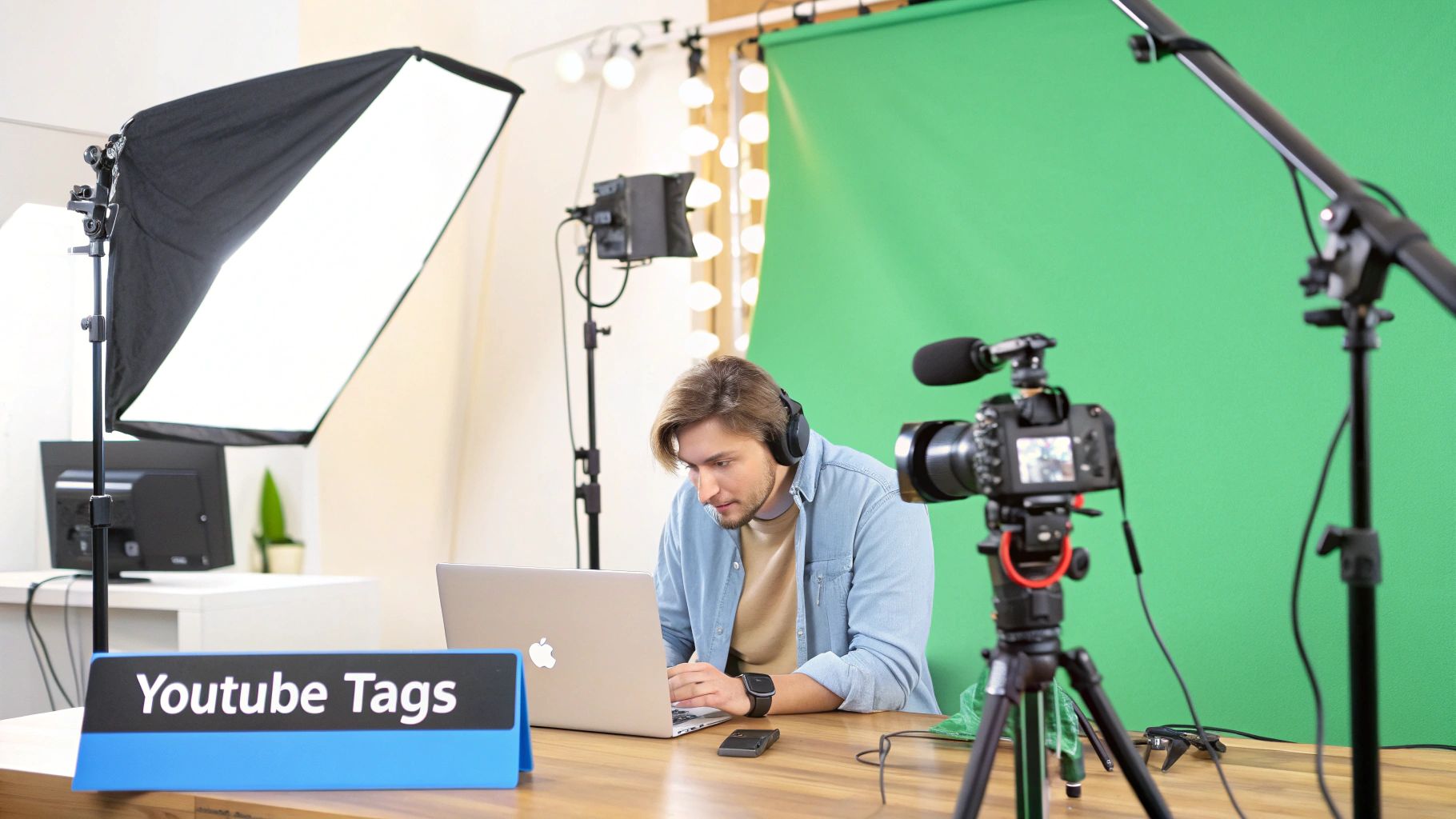A person typing on a laptop with YouTube analytics charts in the background.